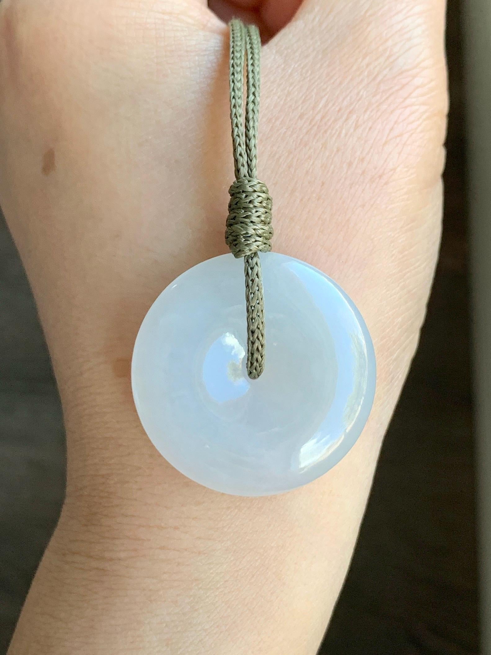 Natural Grade A Icy Translucent Gelatinous White Jadeite Large Ping An Kou Donut Pendant Rope Necklace