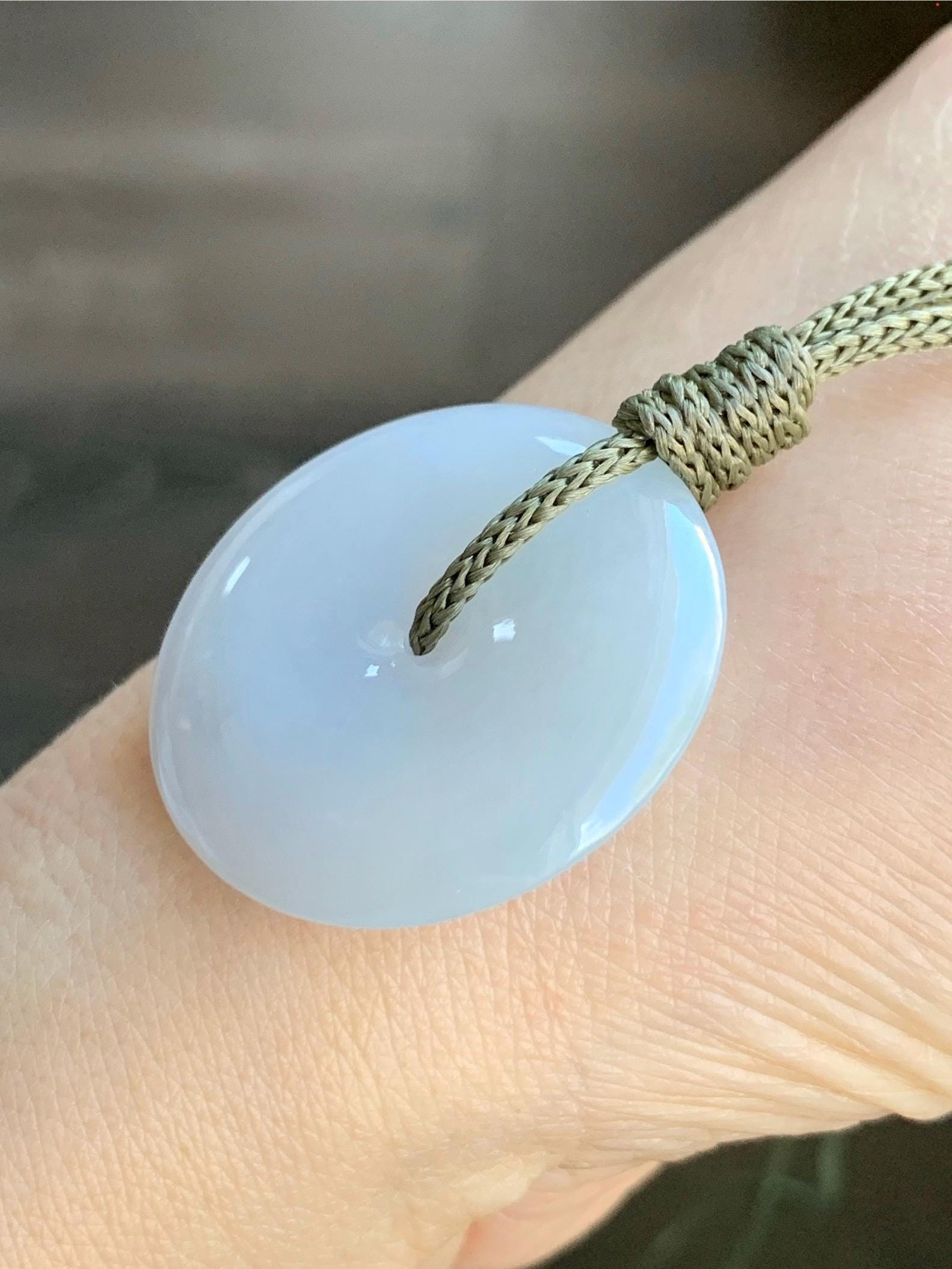 Natural Grade A Icy Translucent Gelatinous White Jadeite Large Ping An Kou Donut Pendant Rope Necklace 25" Adjustable 天然冰胶白翡翠平安扣吊坠 MWK1225