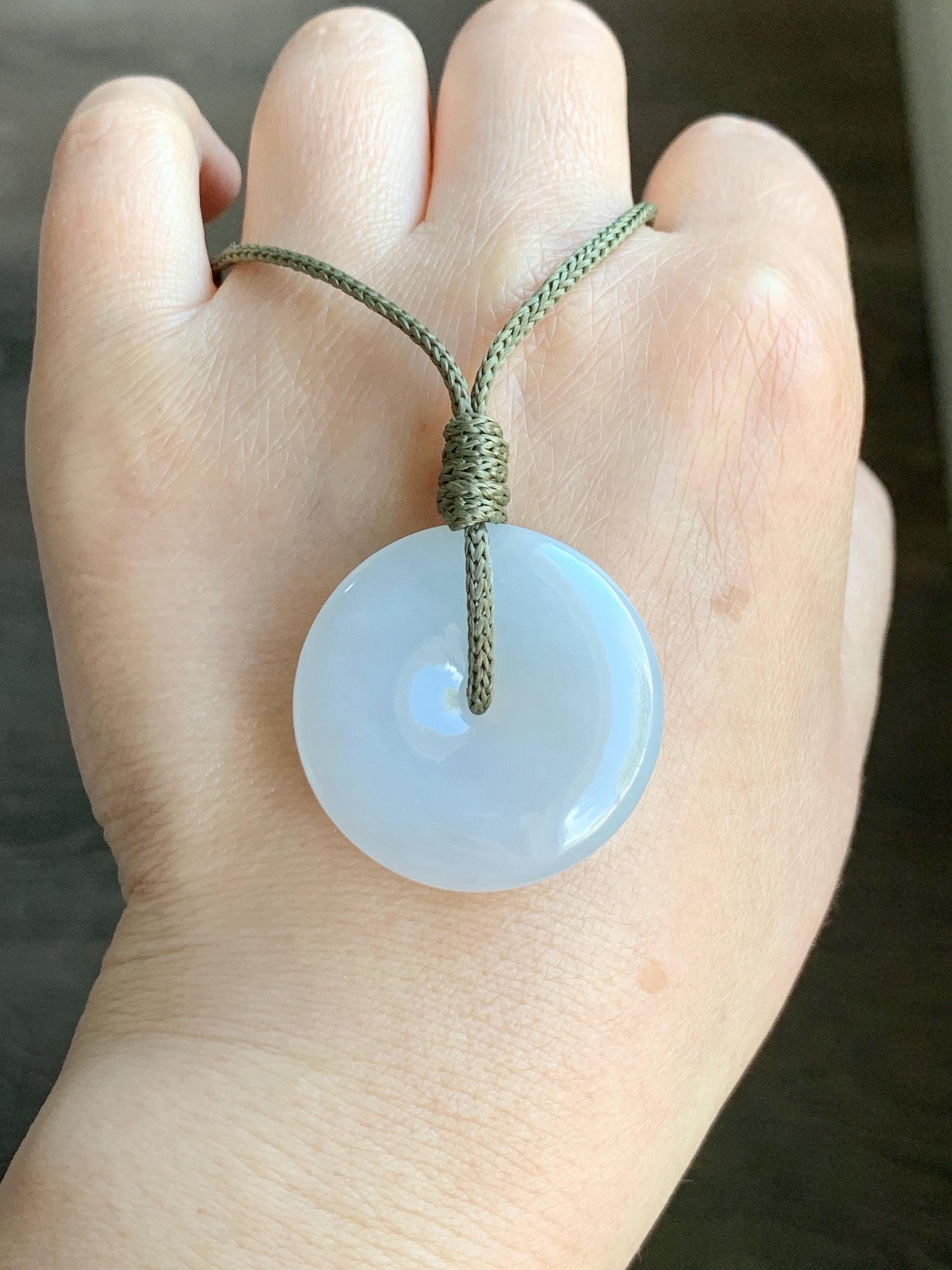 Natural Grade A Icy Translucent Gelatinous White Jadeite Large Ping An Kou Donut Pendant Rope Necklace