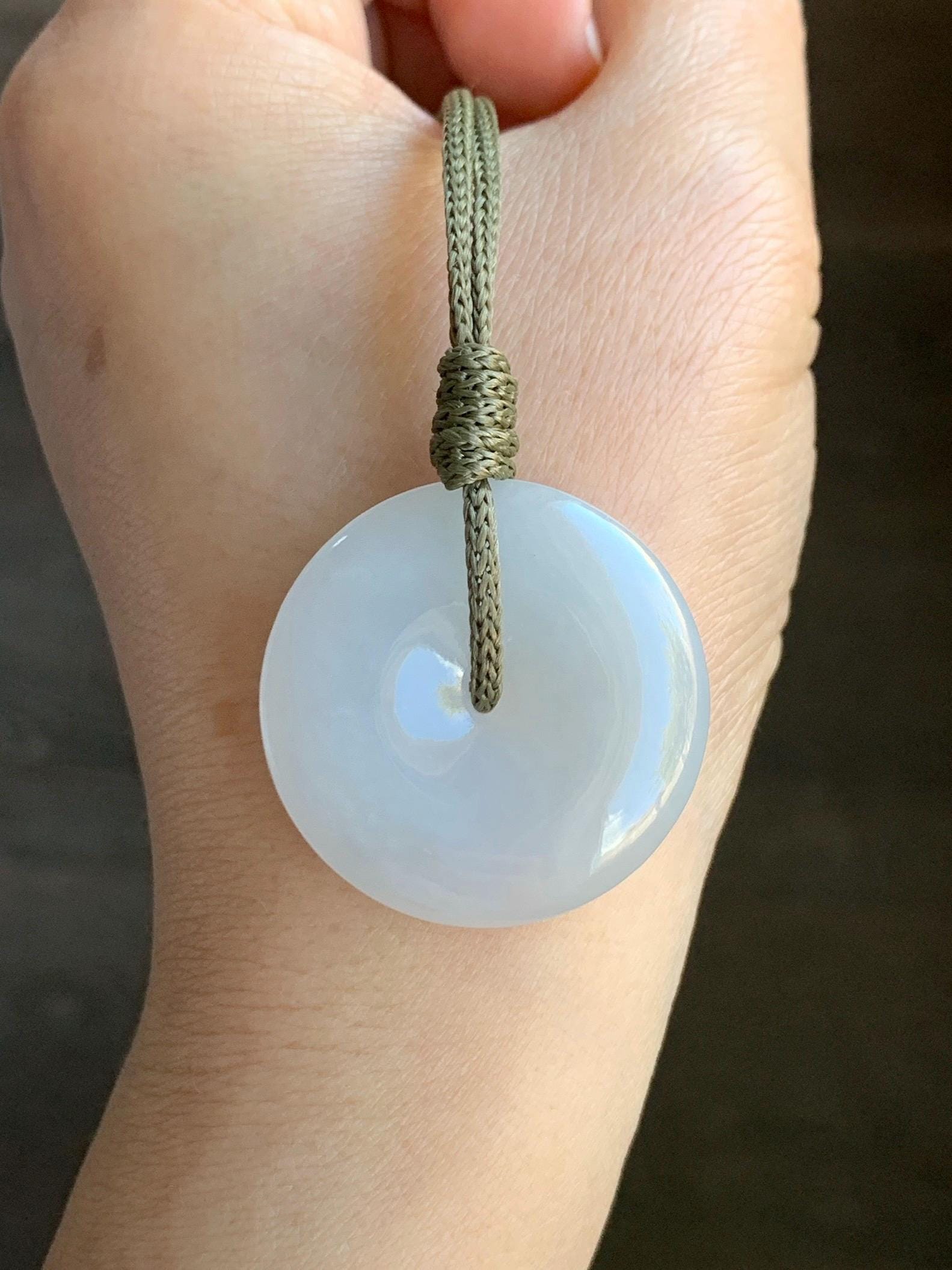Natural Grade A Icy Translucent Gelatinous White Jadeite Large Ping An Kou Donut Pendant Rope Necklace