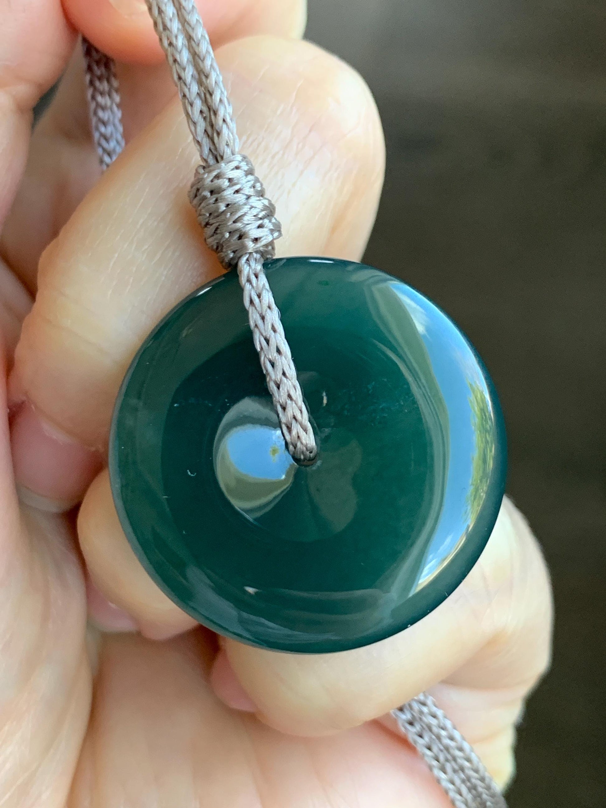 Natural Grade A Guatemalan Icy Translucent Deep Teal Green Jadeite Large Ping An Kou Donut Pendant Rope Necklace