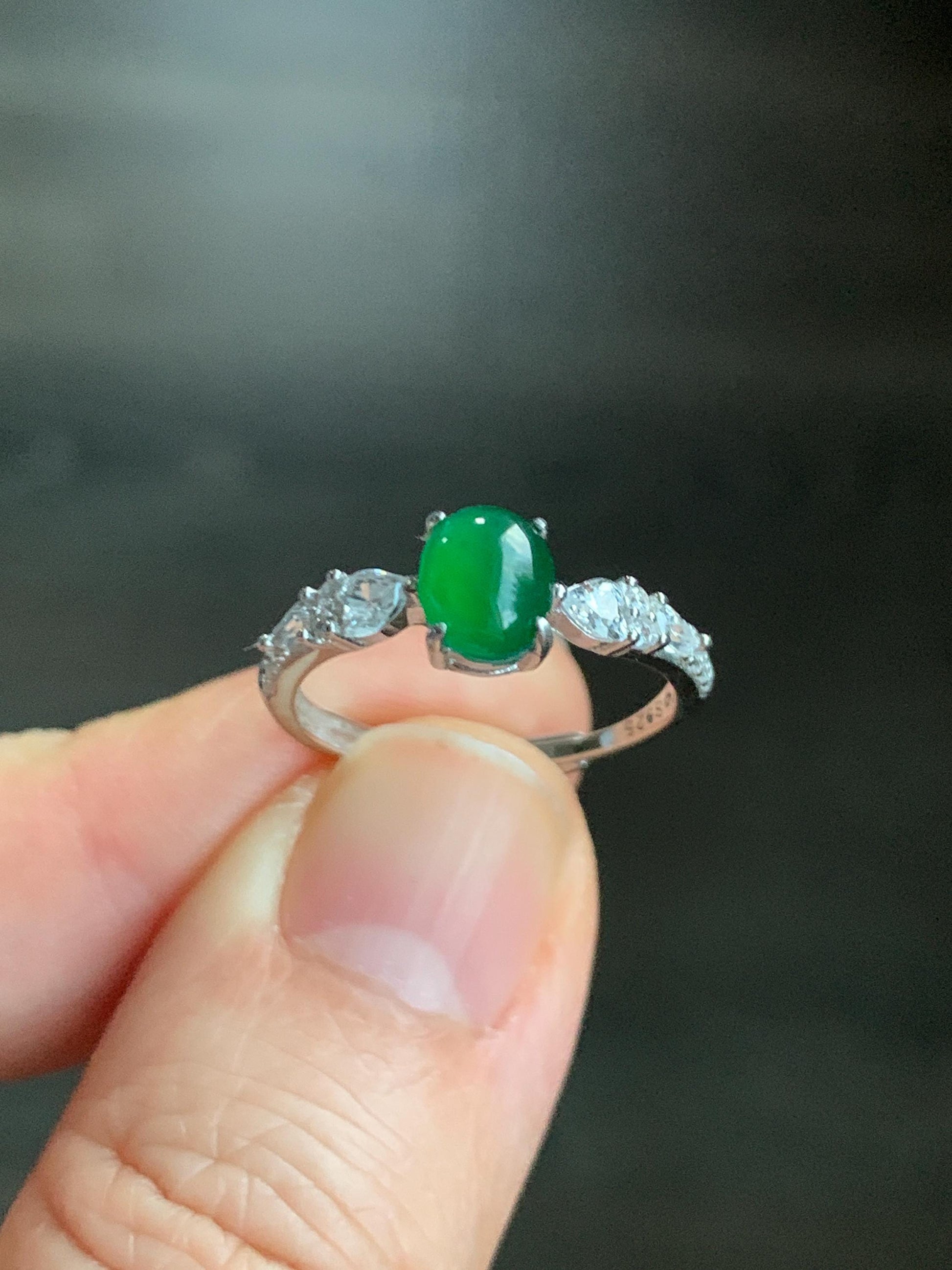 Natural Guatemalan Icy Translucent Vibrant Green Jadeite Oval Cabochon Ring Sterling Silver Size 7 Adjustable