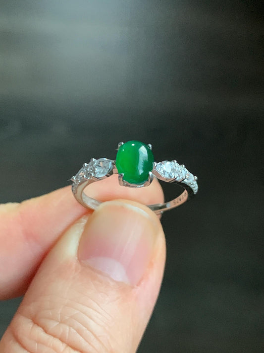 Natural Guatemalan Icy Translucent Vibrant Green Jadeite Oval Cabochon Ring Sterling Silver Size 7 Adjustable