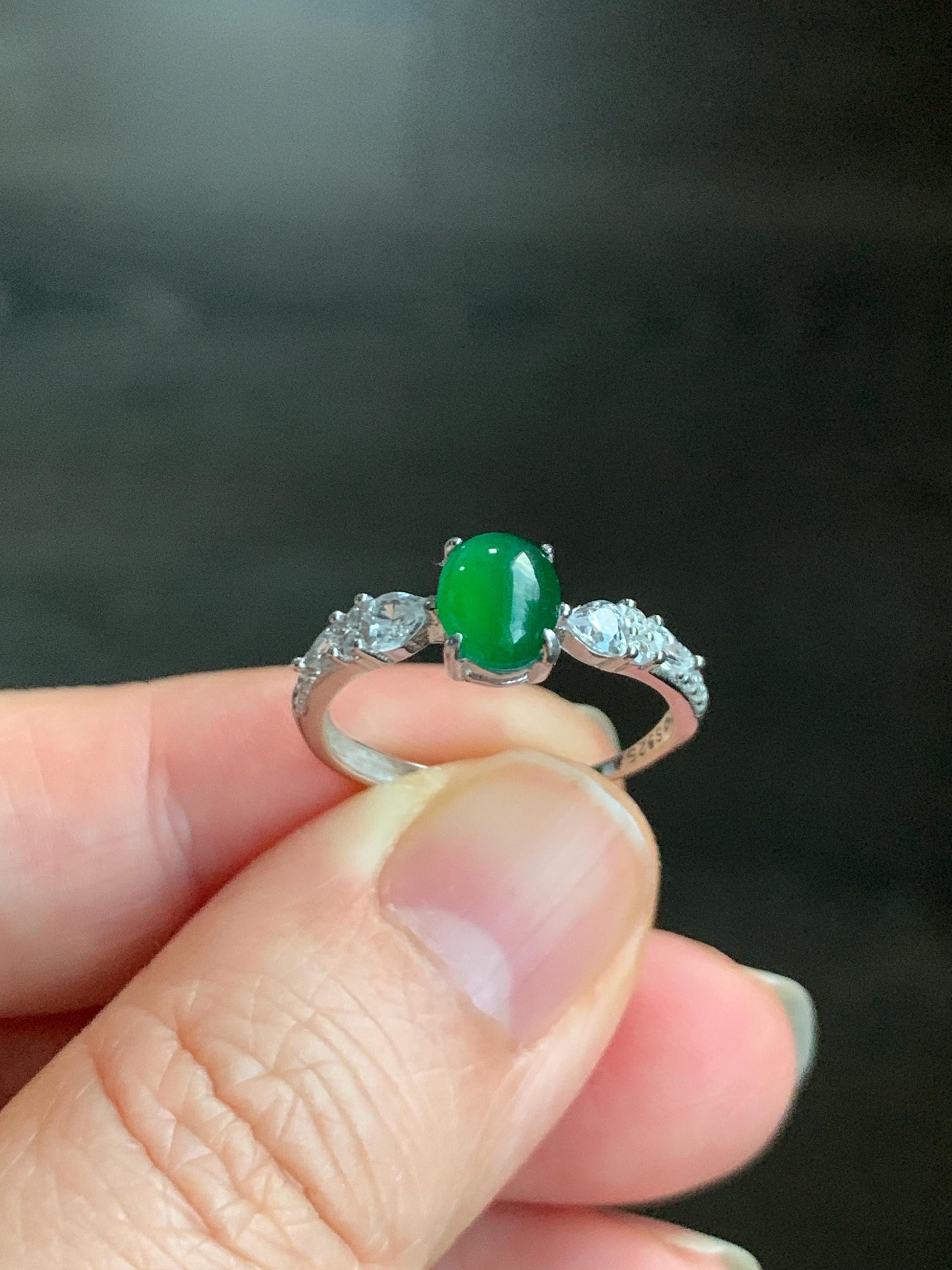 Natural Guatemalan Icy Translucent Vibrant Green Jadeite Oval Cabochon Ring Sterling Silver Size 7 Adjustable