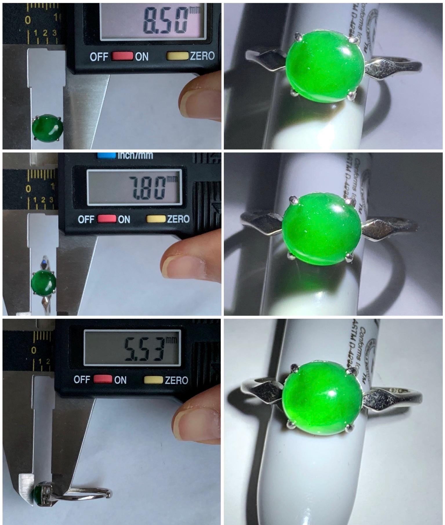 Natural Guatemalan Icy Translucent Vibrant Green Jadeite Oval Cabochon Solitaire Ring Sterling Silver Size 7 Adjustable 天然冰危绿翡翠银镶戒指 SLE68