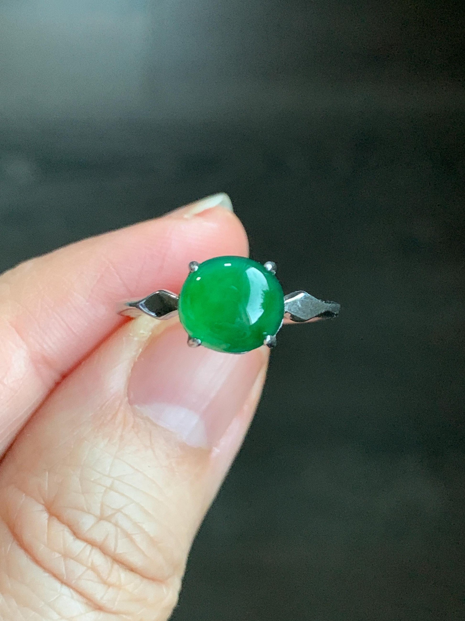 Natural Guatemalan Icy Translucent Vibrant Green Jadeite Oval Cabochon Solitaire Ring Sterling Silver Size 7 Adjustable