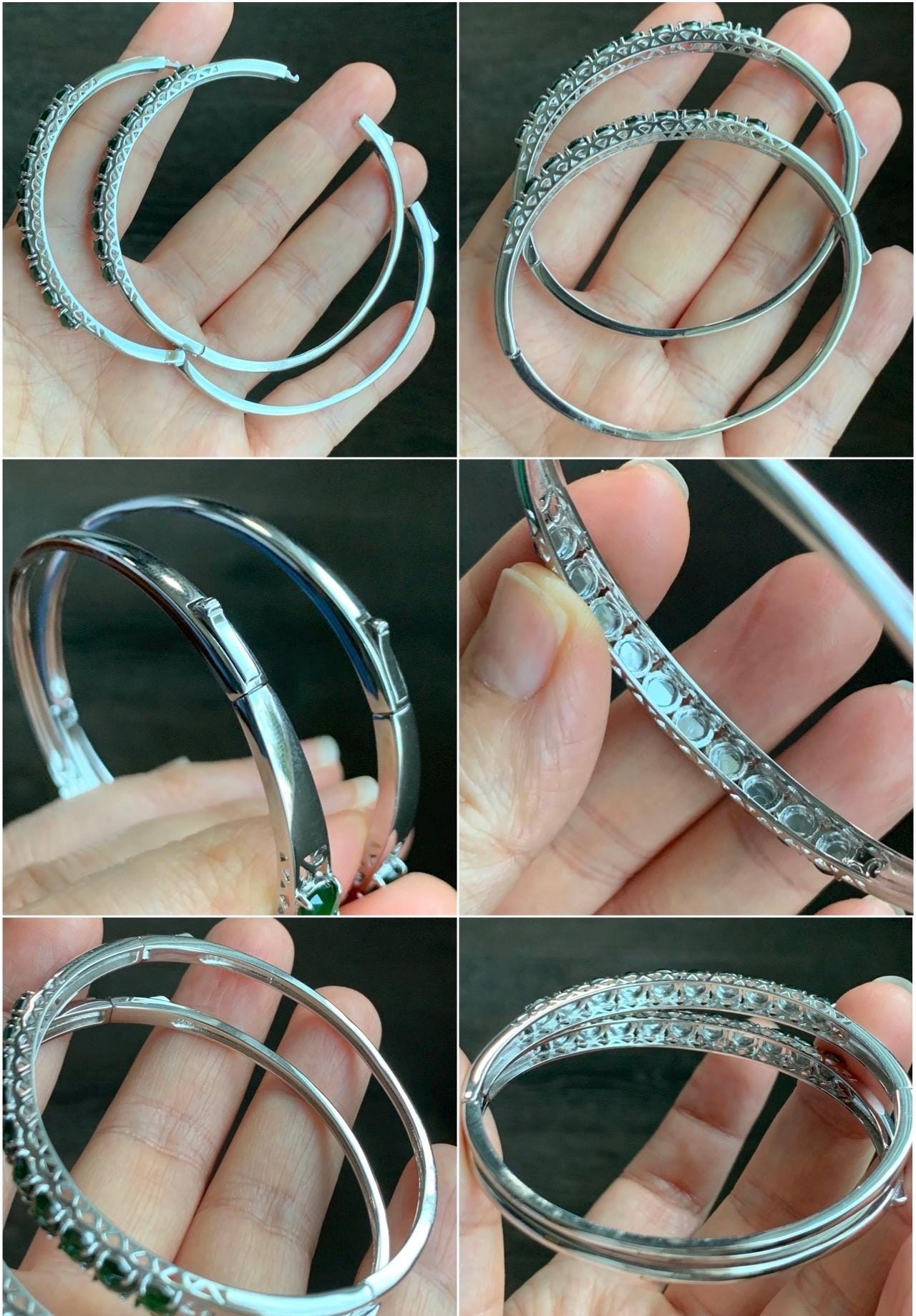 Natural Guatemalan Icy Translucent Vibrant Green Faceted Jadeite 10-Stone Bangle Bracelet Sterling Silver w/ Clasp 9g 天然冰危绿切割面翡翠银镶手镯 QGB560