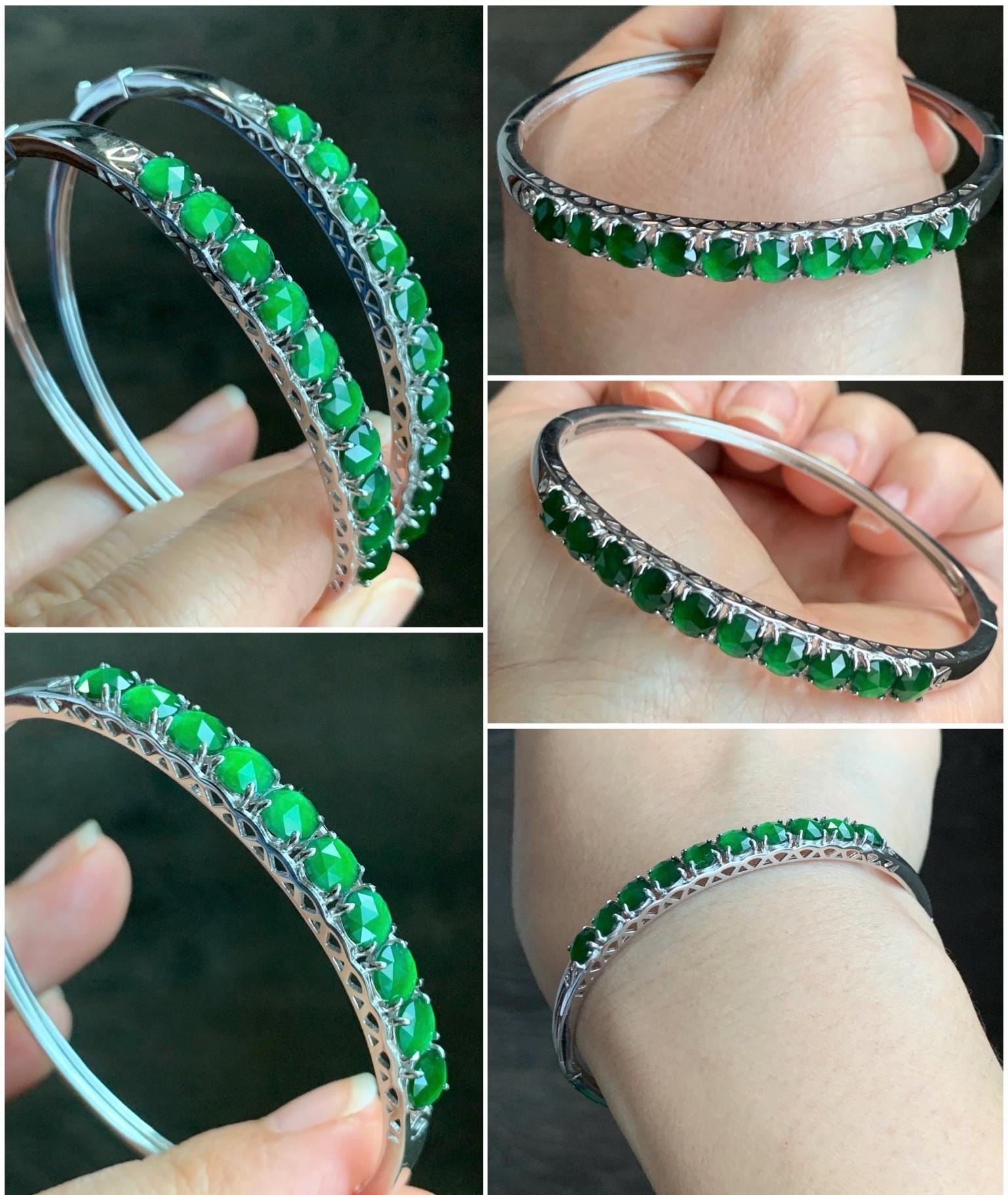 Natural Guatemalan Icy Translucent Vibrant Green Faceted Jadeite 10-Stone Bangle Bracelet Sterling Silver w/ Clasp 9g 天然冰危绿切割面翡翠银镶手镯 QGB560