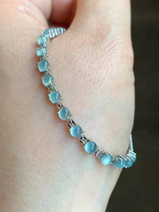 Natural Guatemalan Grade A Icy Highly Translucent Light Blue Jadeite Link Chain Style Bracelet Sterling Silver 6.25”-7.5” 4g 天然冰危浅蓝起光翡翠银镶手链