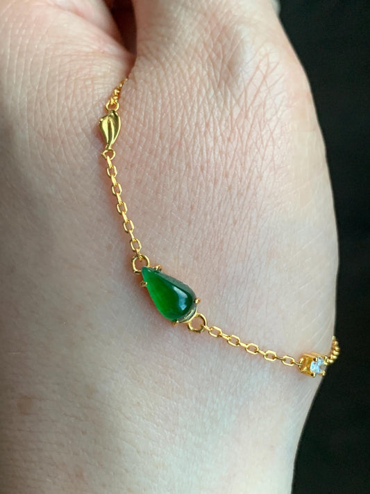 Natural Grade A Guatemalan Icy Translucent Vibrant Green Jadeite Teardrop Cabochon Chain Bracelet Sterling Silver 6.25"-7.5" 天然冰危绿翡翠水滴银手链