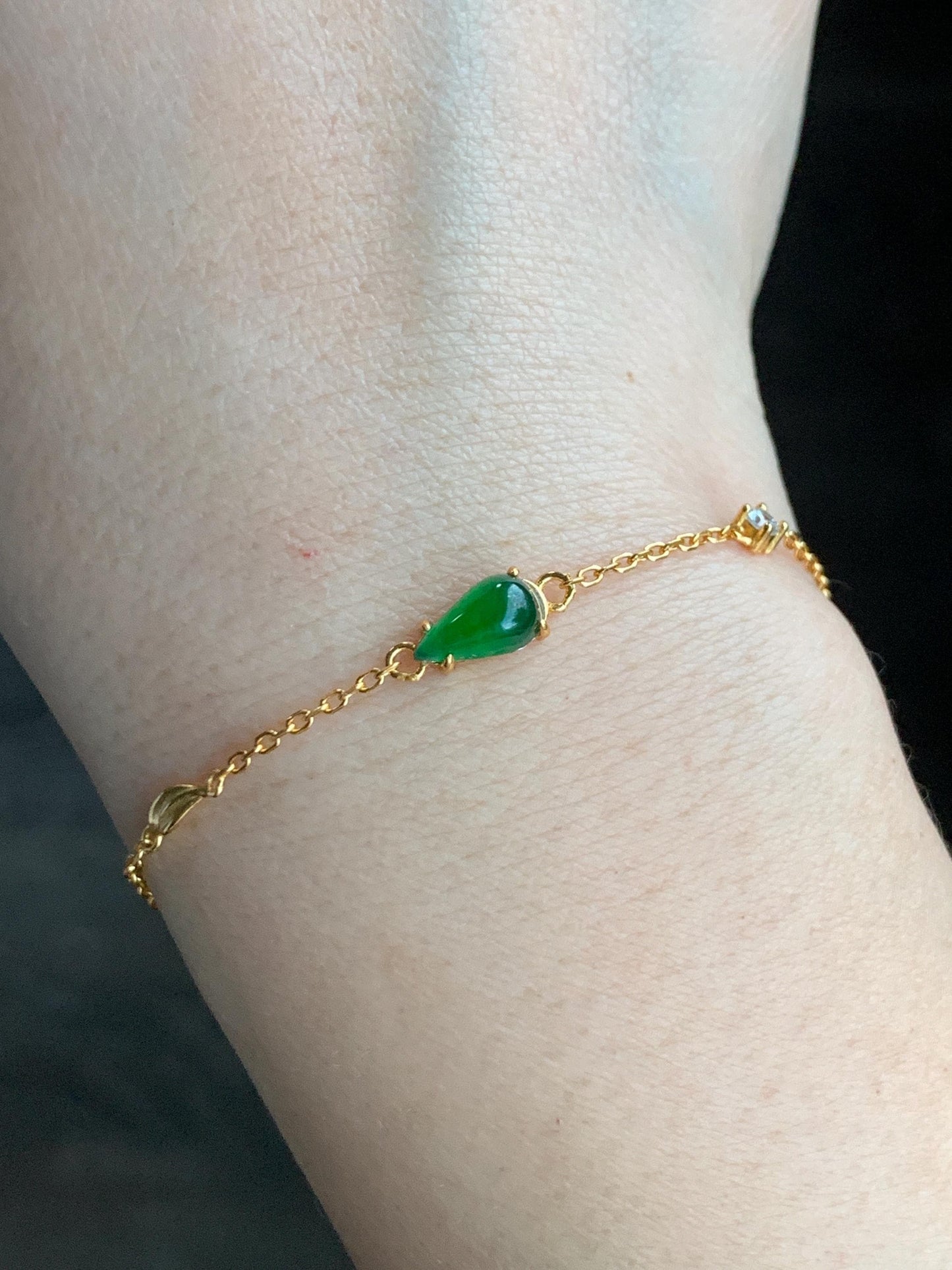 Natural Grade A Guatemalan Icy Translucent Vibrant Green Jadeite Teardrop Cabochon Chain Bracelet Sterling Silver 6.25"-7.5" 天然冰危绿翡翠水滴银手链