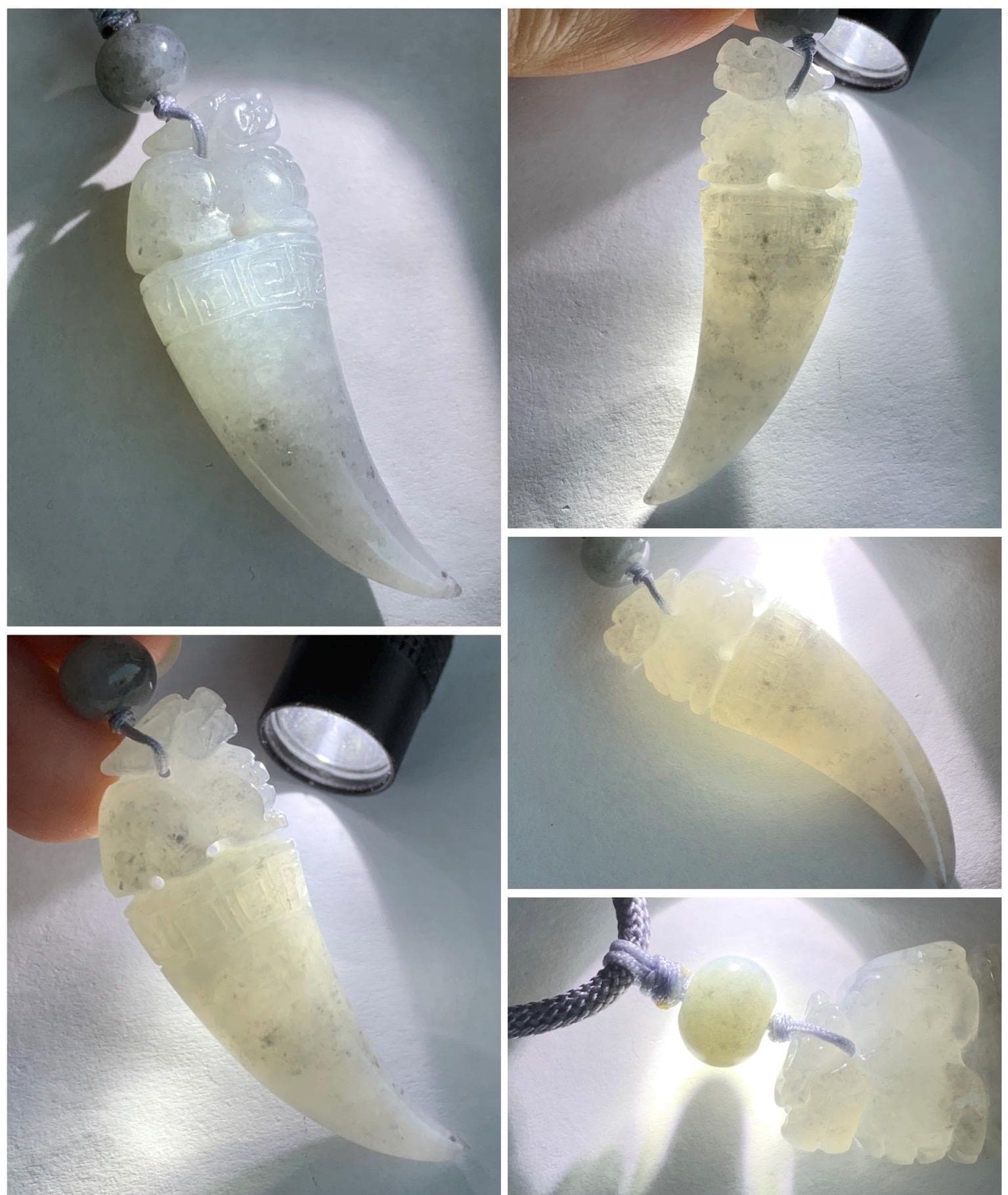 Natural Grade A Icy Translucent Gelatinous Light Wuji Jadeite Carved Pixiu Tooth Pendant Rope Necklace 25” Adjustable 18g 天然冰胶淡乌鸡翡翠貔貅牙吊坠挂件
