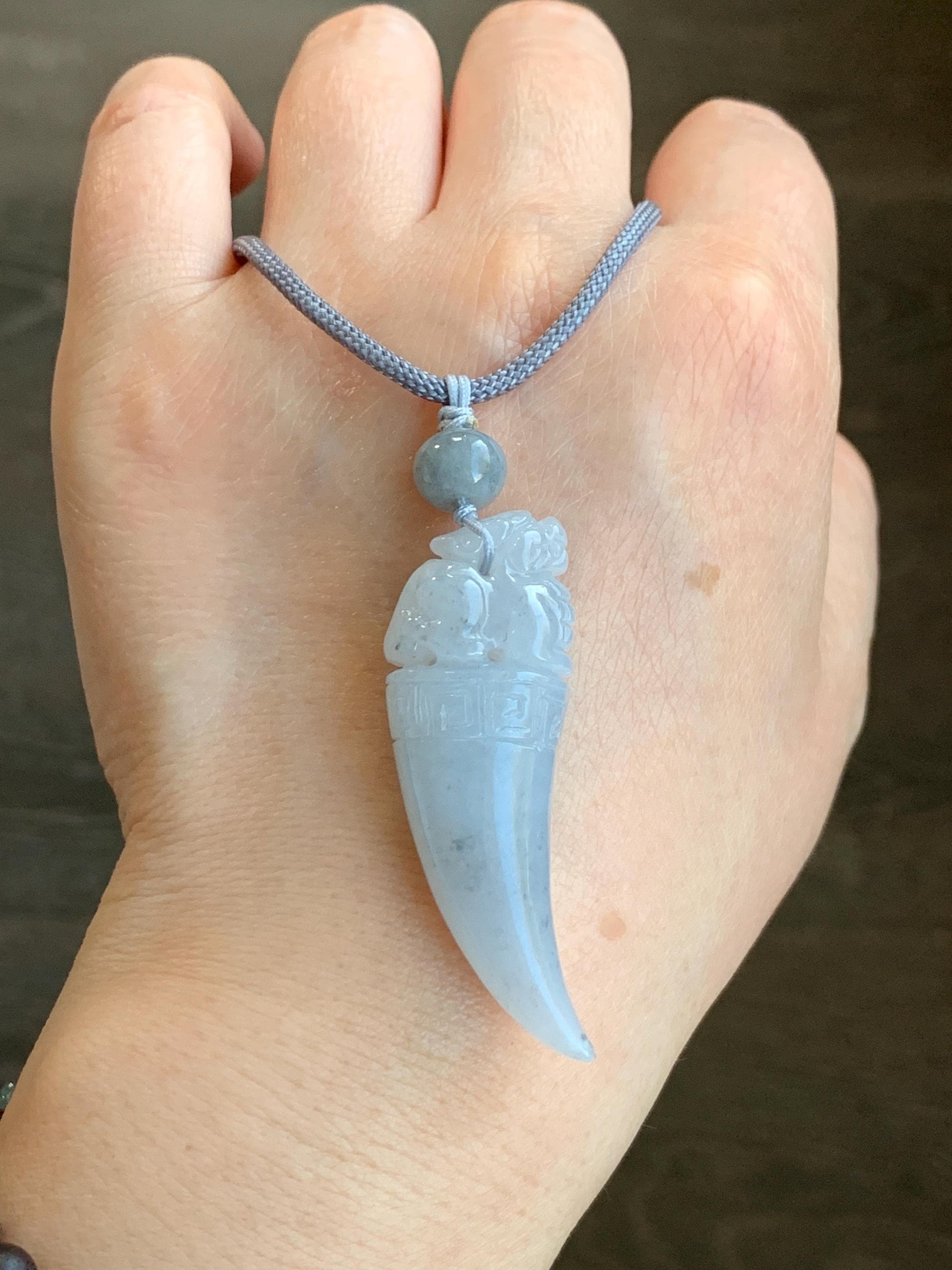 Natural Grade A Icy Translucent Gelatinous Light Wuji Jadeite Carved Pixiu Tooth Pendant Rope Necklace 25” Adjustable 18g 天然冰胶淡乌鸡翡翠貔貅牙吊坠挂件
