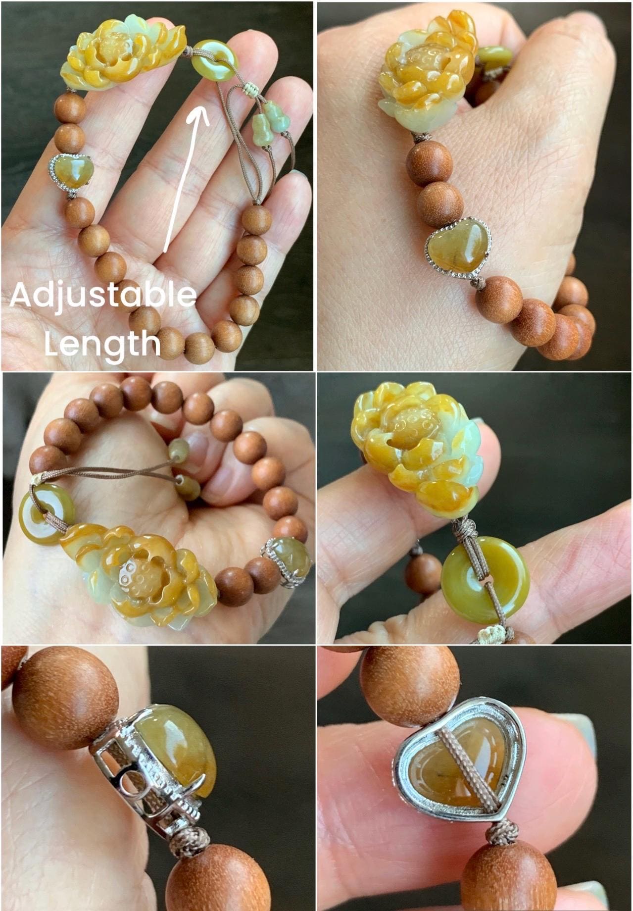 Stunning Natural Icy Translucent Yellow Jadeite Carved 3D Lotus Flower Donut Heart Charm Wood Beads Beaded Bracelet 6.5” 16g 天然起胶冰黄翡翠莲花木珠手串
