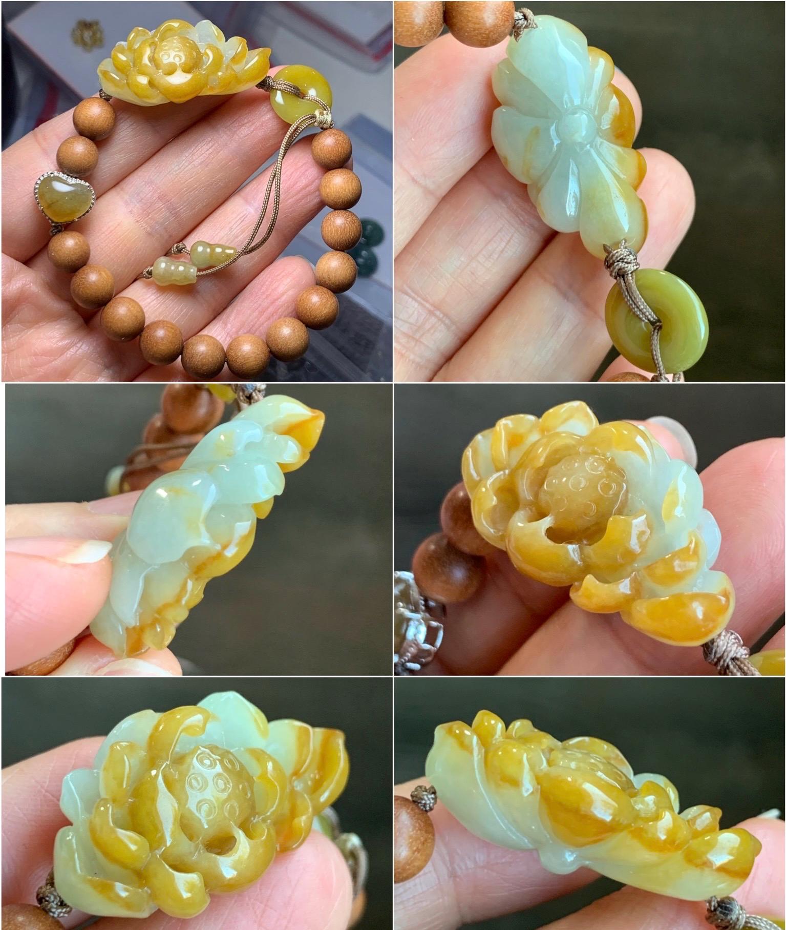 Stunning Natural Icy Translucent Yellow Jadeite Carved 3D Lotus Flower Donut Heart Charm Wood Beads Beaded Bracelet 6.5” 16g 天然起胶冰黄翡翠莲花木珠手串