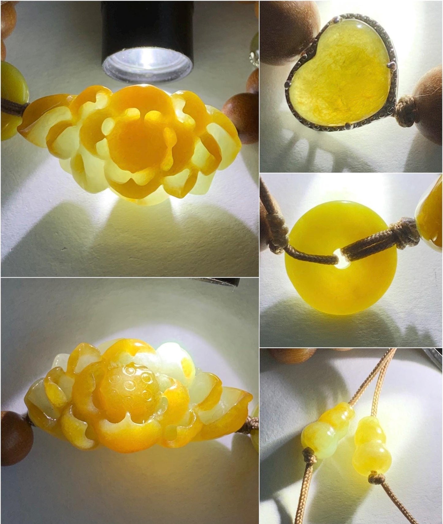 Stunning Natural Icy Translucent Yellow Jadeite Carved 3D Lotus Flower Donut Heart Charm Wood Beads Beaded Bracelet 6.5” 16g 天然起胶冰黄翡翠莲花木珠手串
