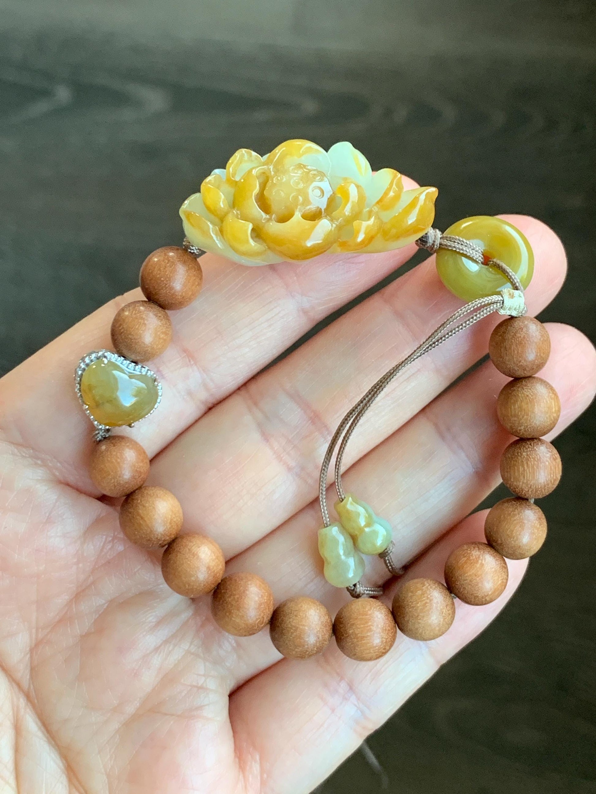 Stunning Natural Icy Translucent Yellow Jadeite Carved 3D Lotus Flower Donut Heart Charm Wood Beads Beaded Bracelet 6.5” 16g 天然起胶冰黄翡翠莲花木珠手串