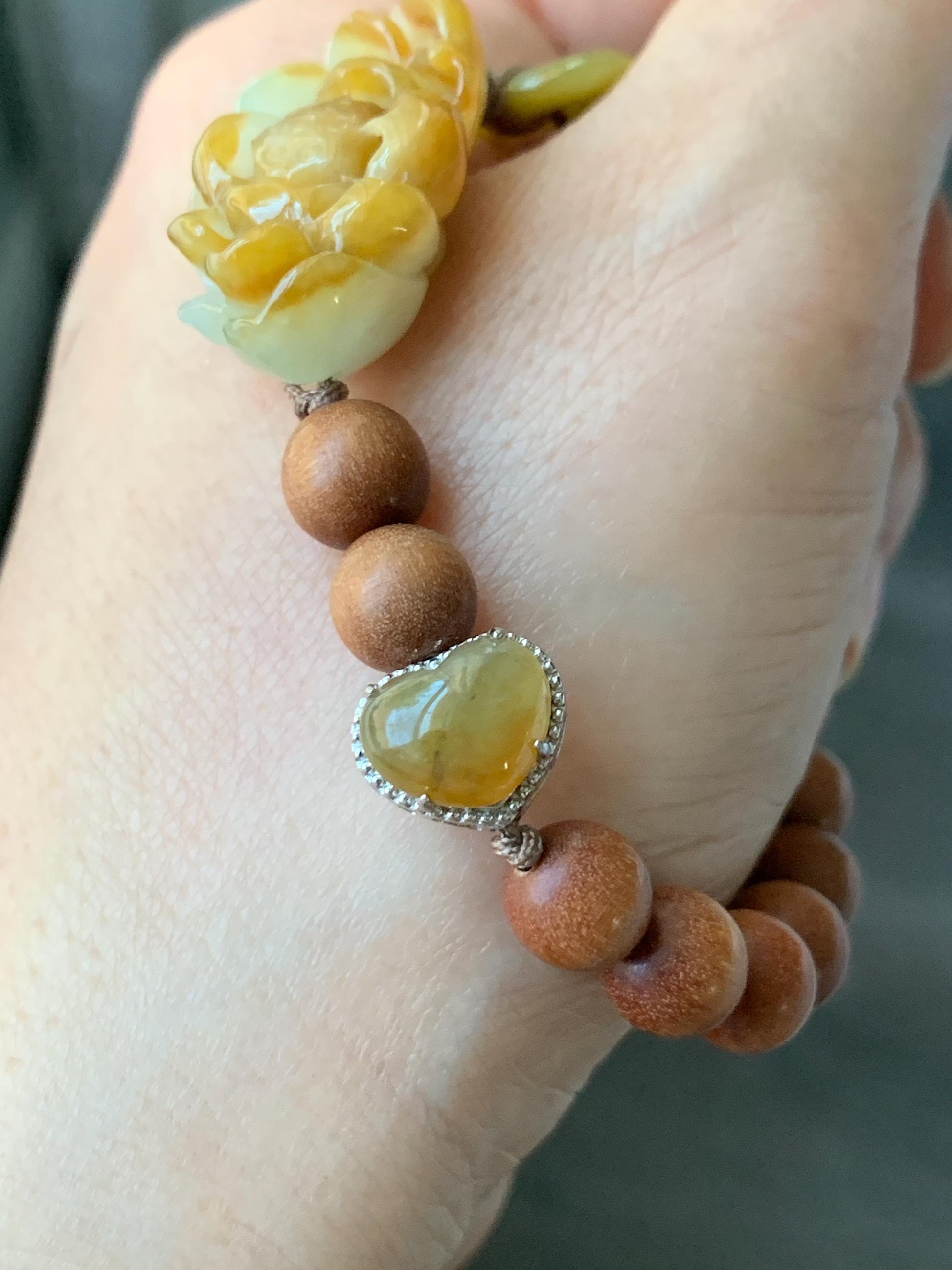 Stunning Natural Icy Translucent Yellow Jadeite Carved 3D Lotus Flower Donut Heart Charm Wood Beads Beaded Bracelet 6.5” 16g 天然起胶冰黄翡翠莲花木珠手串