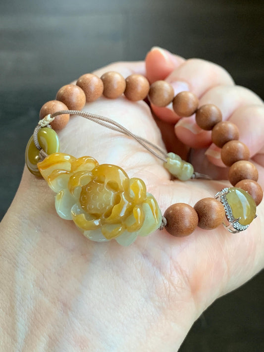 Stunning Natural Icy Translucent Yellow Jadeite Carved 3D Lotus Flower Donut Heart Charm Wood Beads Beaded Bracelet 6.5” 16g 天然起胶冰黄翡翠莲花木珠手串