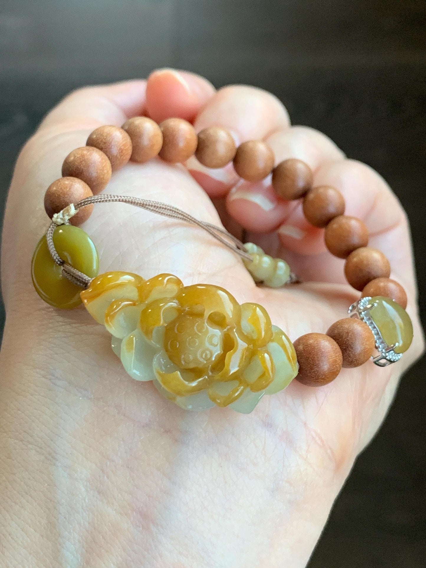 Stunning Natural Icy Translucent Yellow Jadeite Carved 3D Lotus Flower Donut Heart Charm Wood Beads Beaded Bracelet 6.5” 16g 天然起胶冰黄翡翠莲花木珠手串