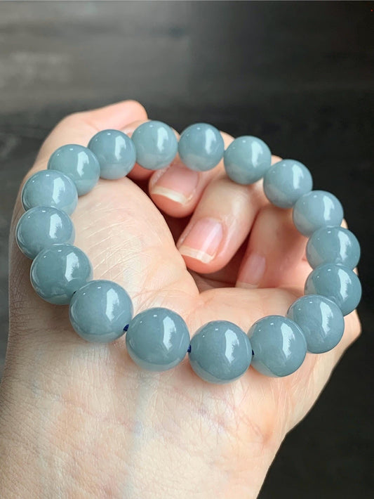 Natural Guatemalan Icy Translucent Dusty Light Blue Jadeite Beaded Bracelet Stretchy 7.25” 11.8mm 47g 天然冰危淡蓝翡翠圆珠手串