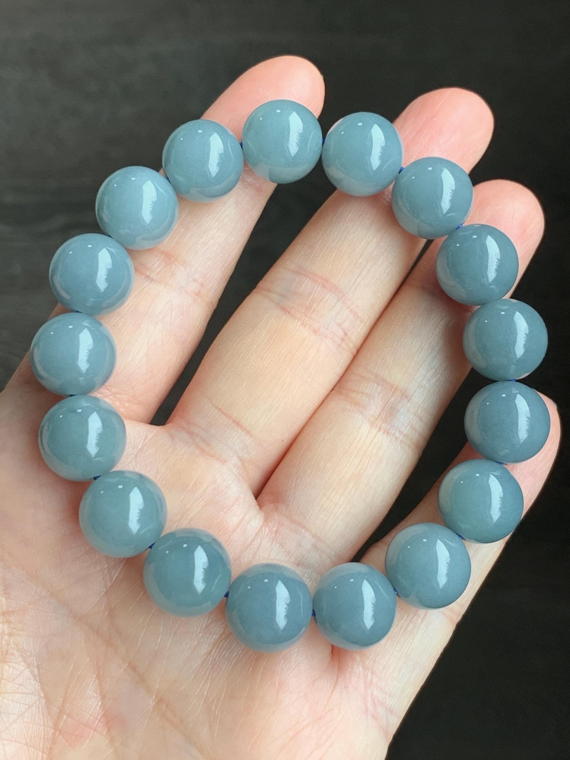 Natural Guatemalan Icy Translucent Dusty Light Blue Jadeite Beaded Bracelet Stretchy 7.25” 11.8mm 47g 天然冰危淡蓝翡翠圆珠手串 DHL350
