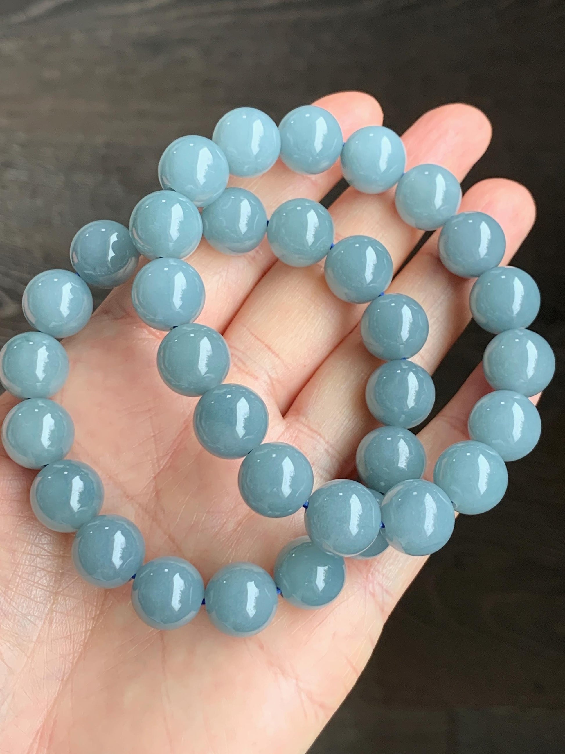 Natural Guatemalan Icy Translucent Dusty Light Blue Jadeite Beaded Bracelet Stretchy 7.25” 11.8mm 47g 天然冰危淡蓝翡翠圆珠手串 DHL350