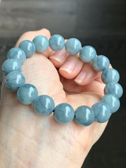 Natural Guatemalan Icy Translucent Dusty Light Blue Dark Blue Marbled Jadeite Beaded Bracelet Stretchy 7.25” 11.7mm 47g 天然冰危淡蓝飘花翡翠珠手串