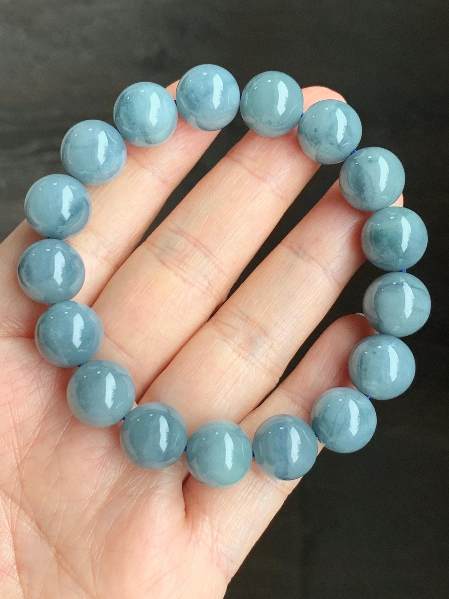 Natural Guatemalan Icy Translucent Dusty Light Blue Dark Blue Marbled Jadeite Beaded Bracelet Stretchy 7.25” 11.7mm 47g 天然冰危淡蓝飘花翡翠珠手串 DLP200