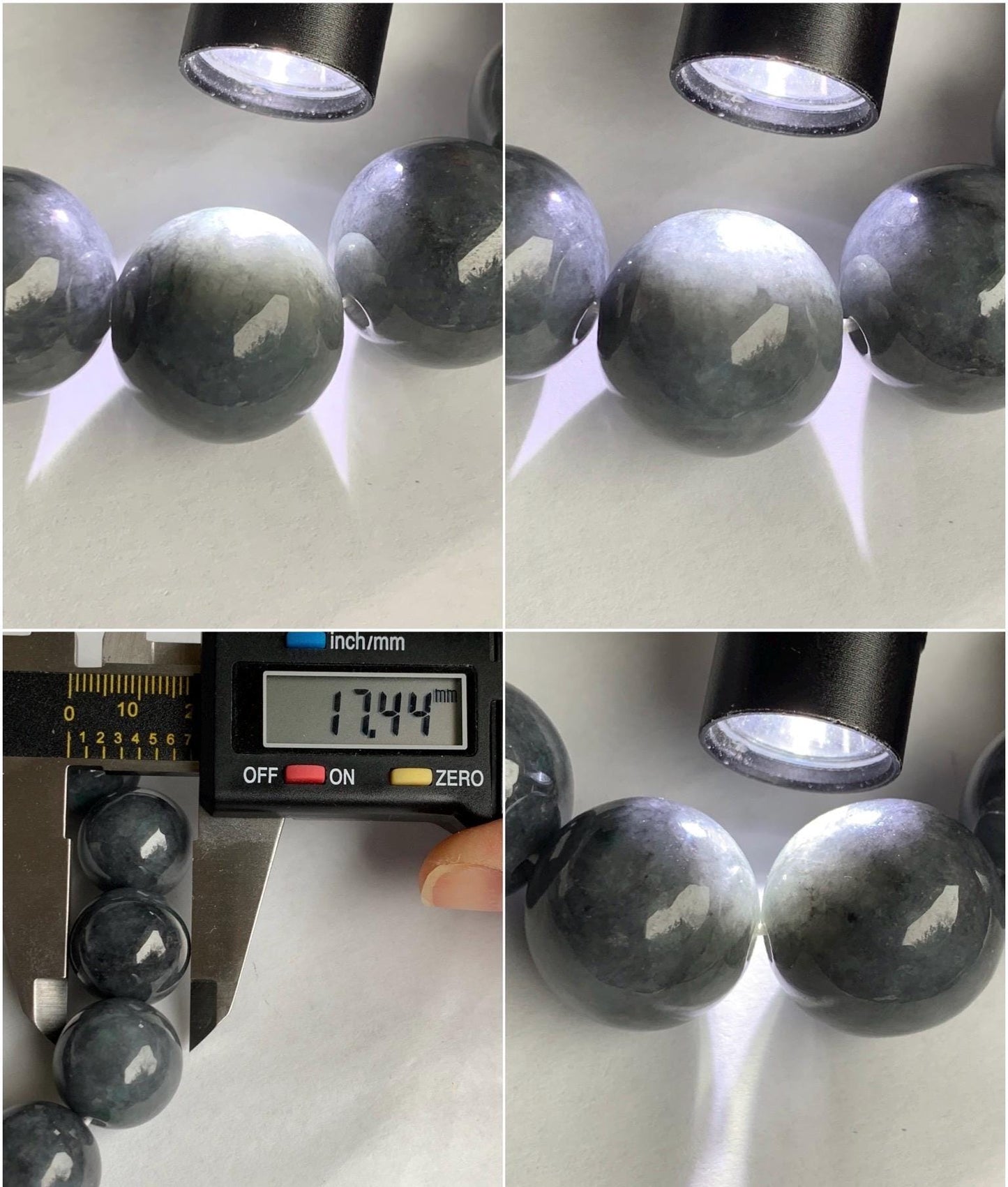 Natural Grade A Semi-translucent Dark Wuji Jadeite Large Round Beads Beaded Bracelet Stretchy 17.4 mm 8” 116g 大卡天然乌鸡翡翠手串 GWJM150