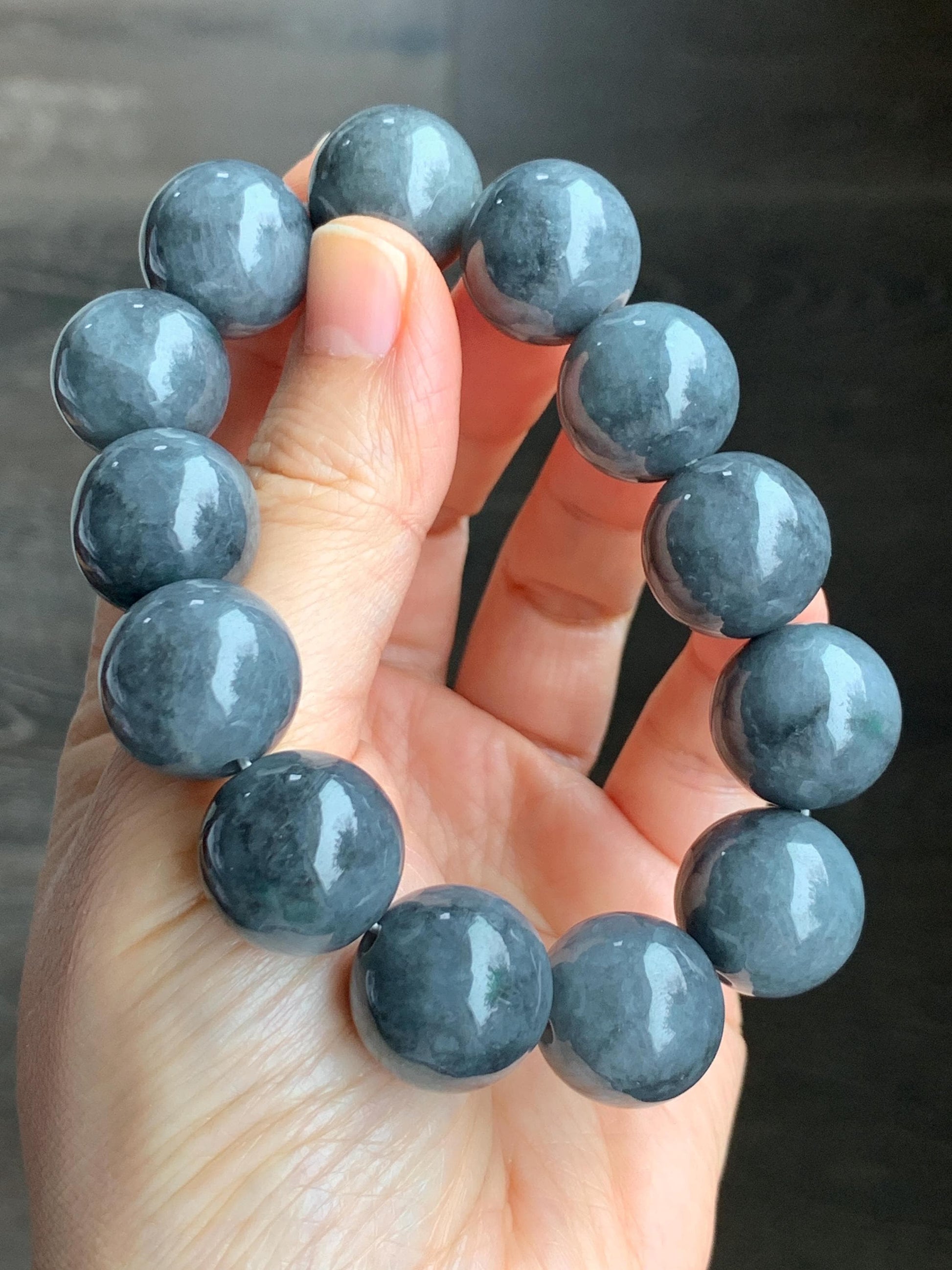 Natural Grade A Semi-translucent Dark Wuji Jadeite Large Round Beads Beaded Bracelet Stretchy 17.4 mm 8” 116g 大卡天然乌鸡翡翠手串 GWJM150