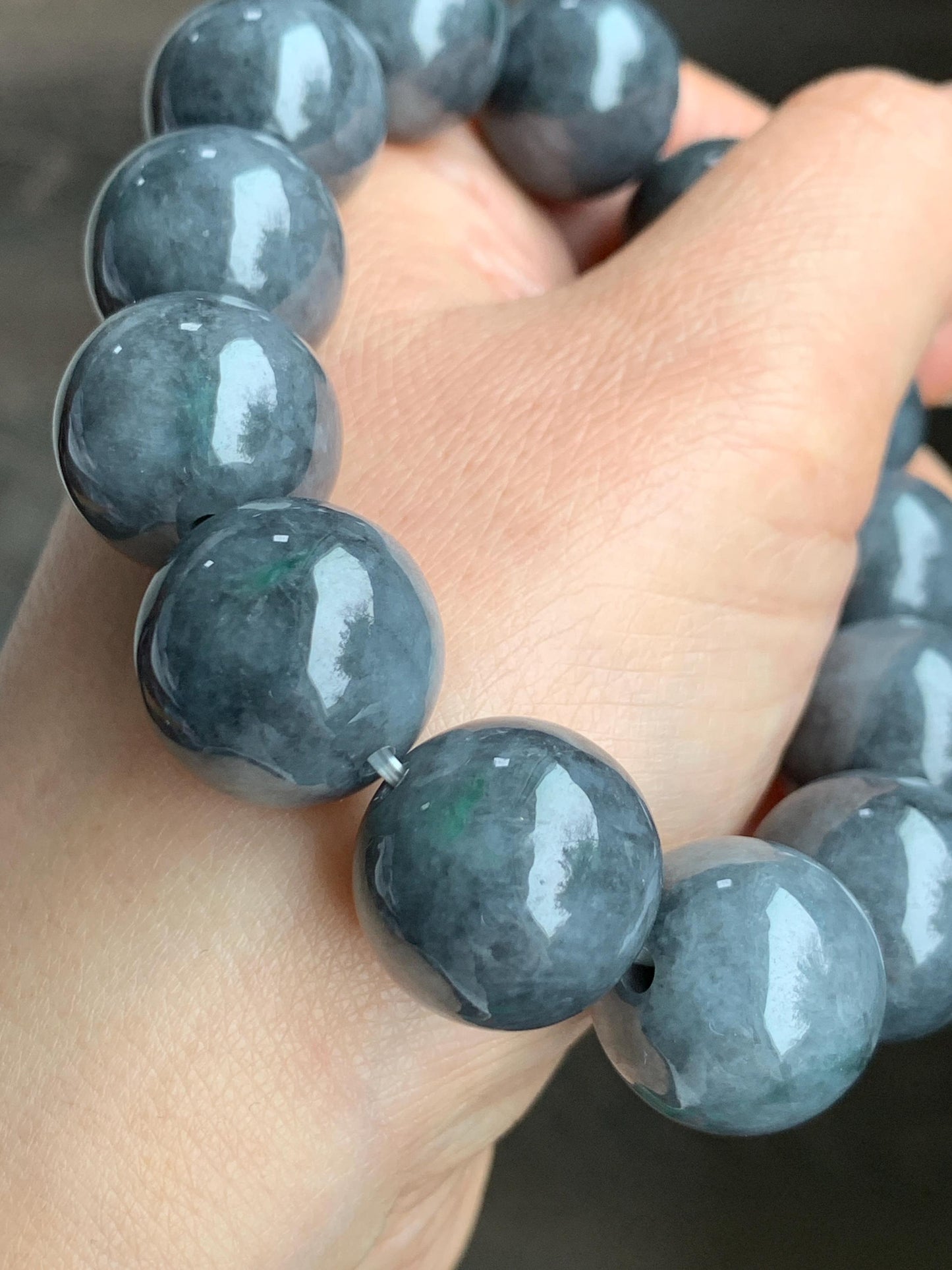 Natural Grade A Semi-translucent Dark Wuji Jadeite Large Round Beads Beaded Bracelet Stretchy 17.4 mm 8” 116g 大卡天然乌鸡翡翠手串 GWJM150