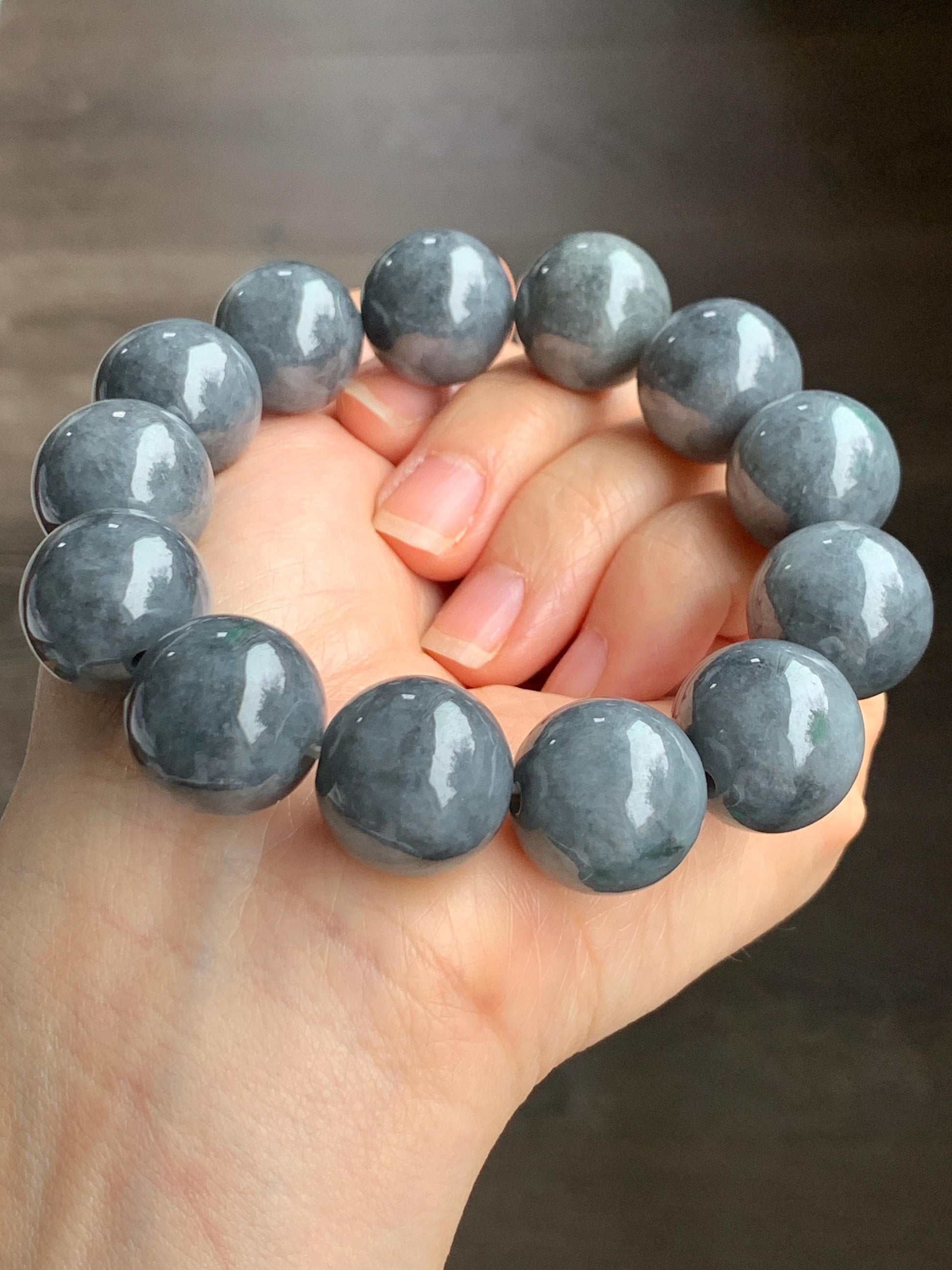 Natural Grade A Semi-translucent Dark Wuji Jadeite Large Round Beads Beaded Bracelet Stretchy 17.4 mm 8” 116g 大卡天然乌鸡翡翠手串 GWJM150
