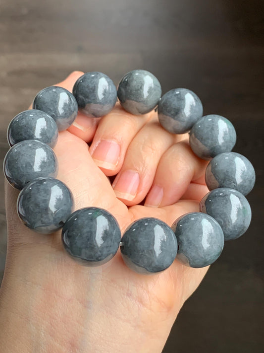Natural Grade A Semi-translucent Dark Wuji Jadeite Large Round Beads Beaded Bracelet Stretchy 17.4 mm 8” 116g 大卡天然乌鸡翡翠手串 GWJM150