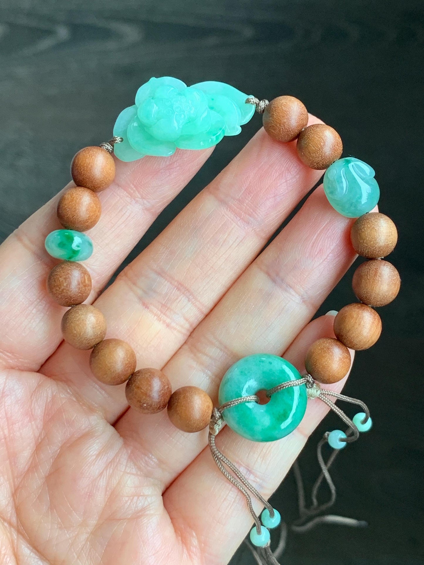 Natural Grade A Icy Translucent Apple Green Jadeite Lotus Flower Donut Rabbit Charm Wood Beads Beaded Bracelet