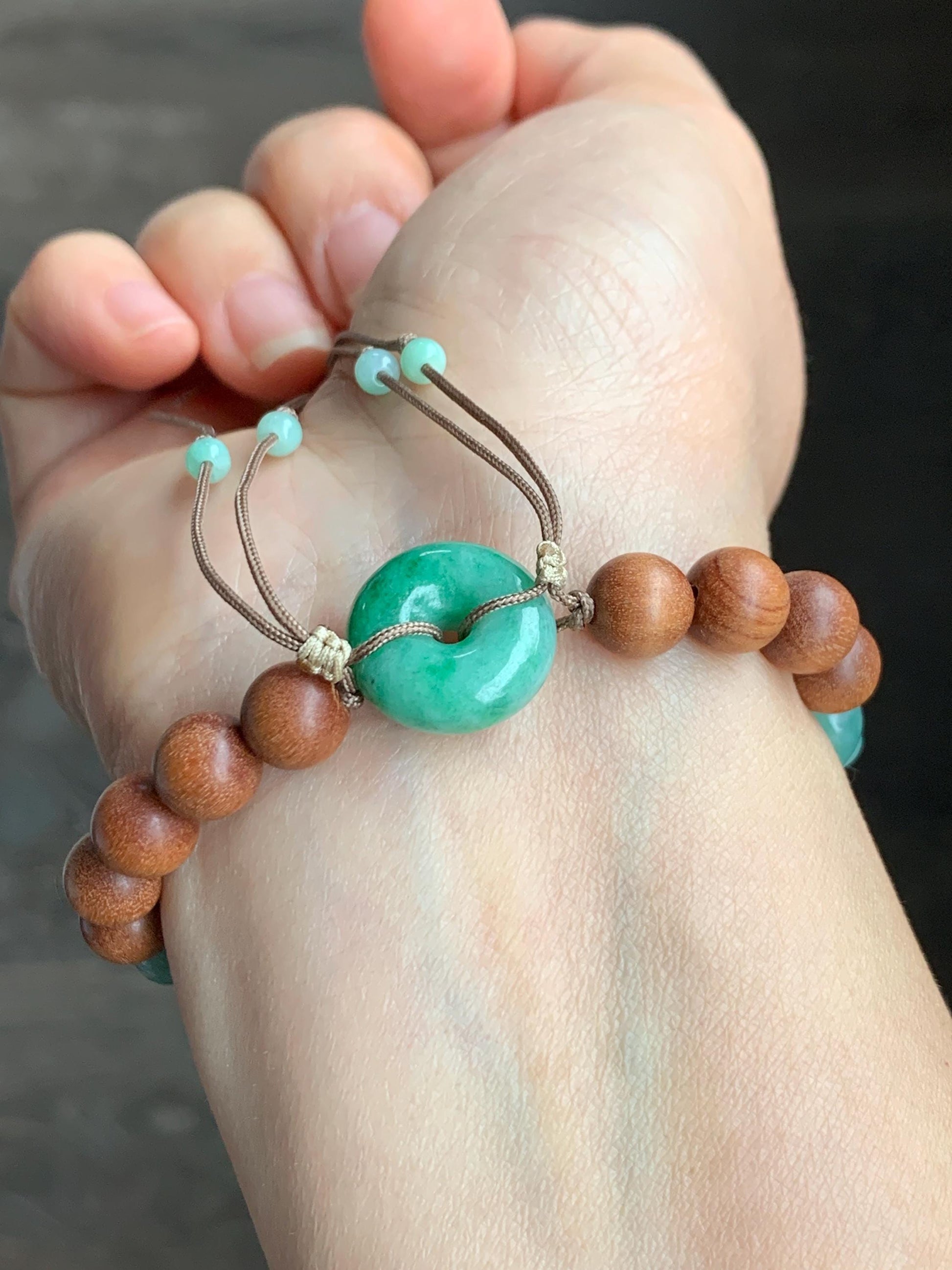 Natural Grade A Icy Translucent Apple Green Jadeite Lotus Flower Donut Rabbit Charm Wood Beads Beaded Bracelet 6.5” 14g 天然冰果绿翡翠莲花木珠手串