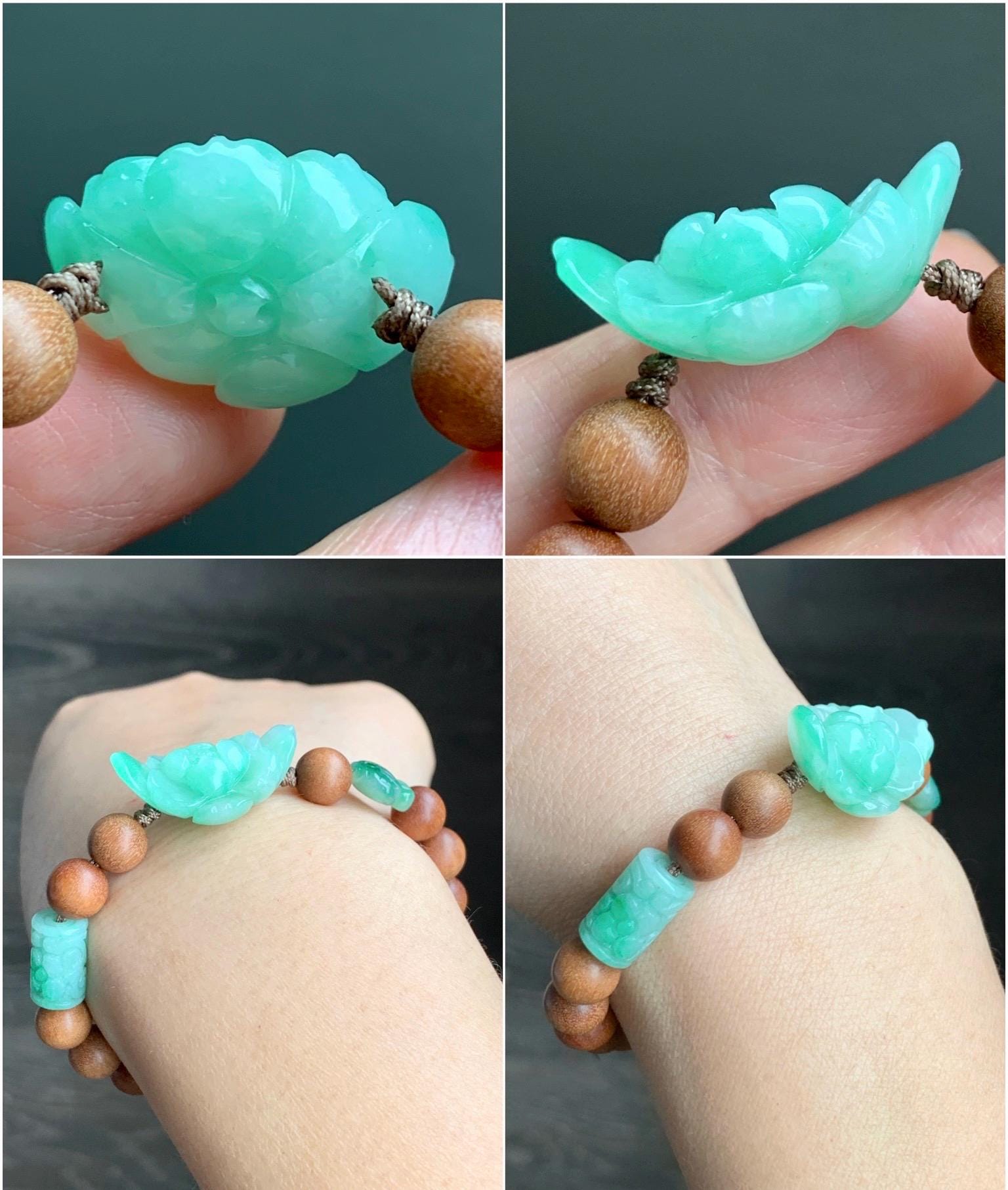 Natural Grade A Icy Translucent Apple Green Jadeite Lotus Flower Barrel Bead Fish Charm Wood Beads Beaded Bracelet 6.5” 12g 天然冰果绿翡翠莲花木珠手串
