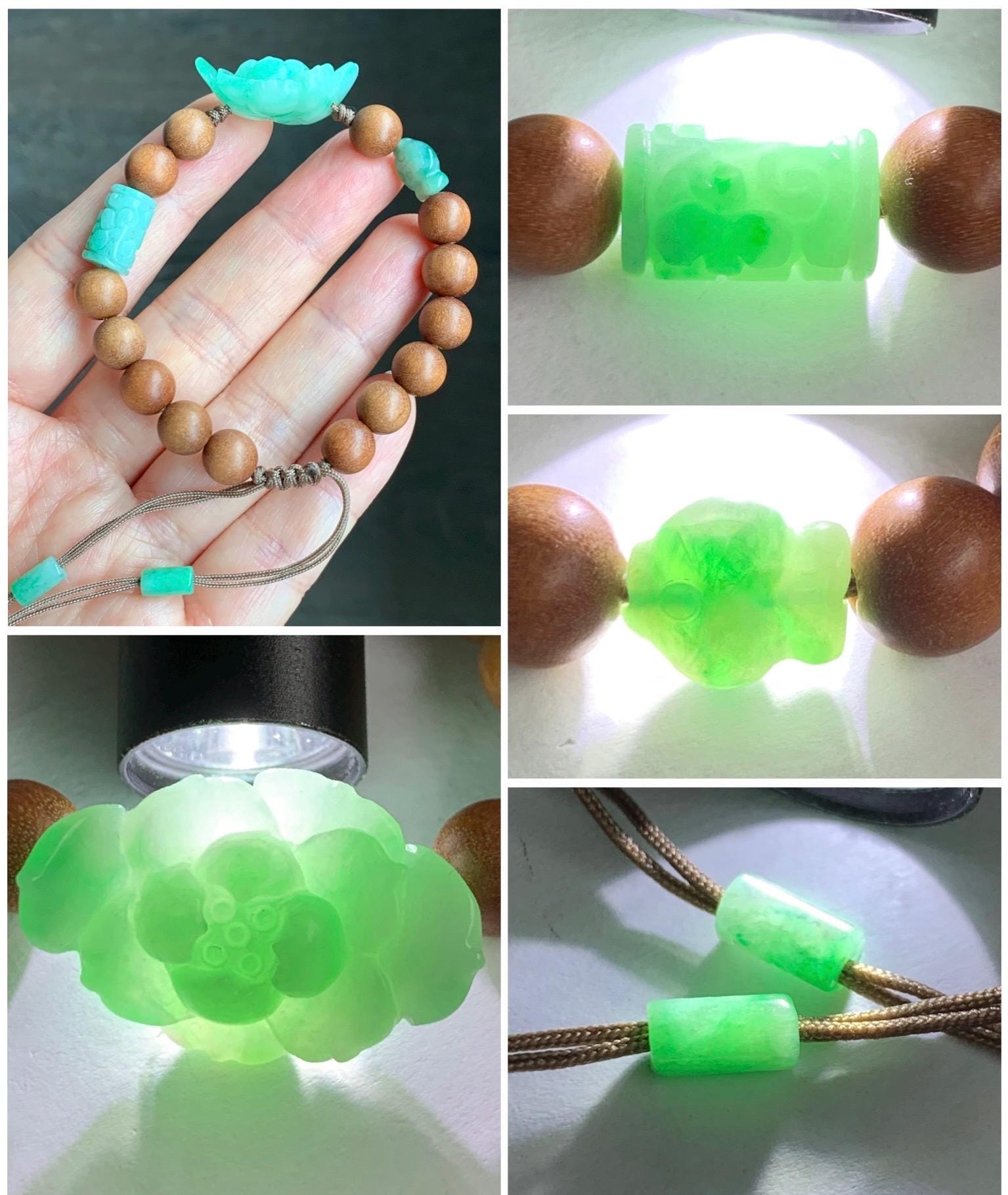 Natural Grade A Icy Translucent Apple Green Jadeite Lotus Flower Barrel Bead Fish Charm Wood Beads Beaded Bracelet