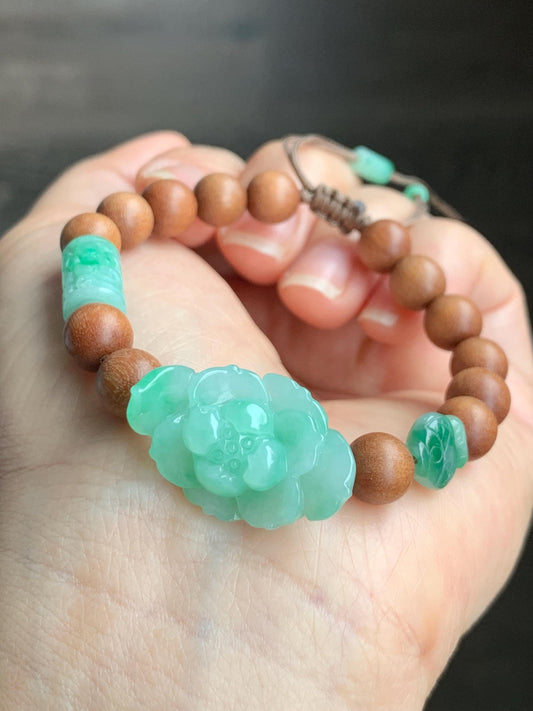 Natural Grade A Icy Translucent Apple Green Jadeite Lotus Flower Barrel Bead Fish Charm Wood Beads Beaded Bracelet