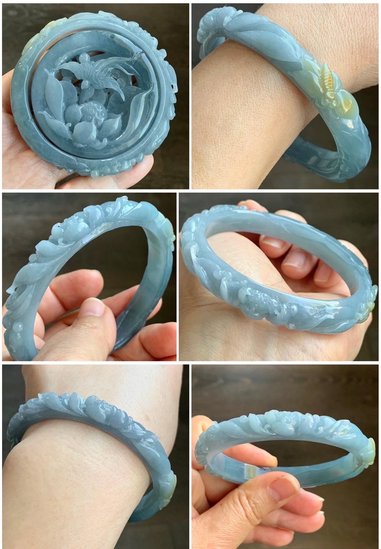 Certified Natural Guatemalan Premium Icy Dusty Blue Jadeite Carved Bangle Matching Bangle Hole Pendant 60.4 mm 天然冰胶危蓝翡翠荷花喜鹊雕刻手镯和镯心吊坠 811 813