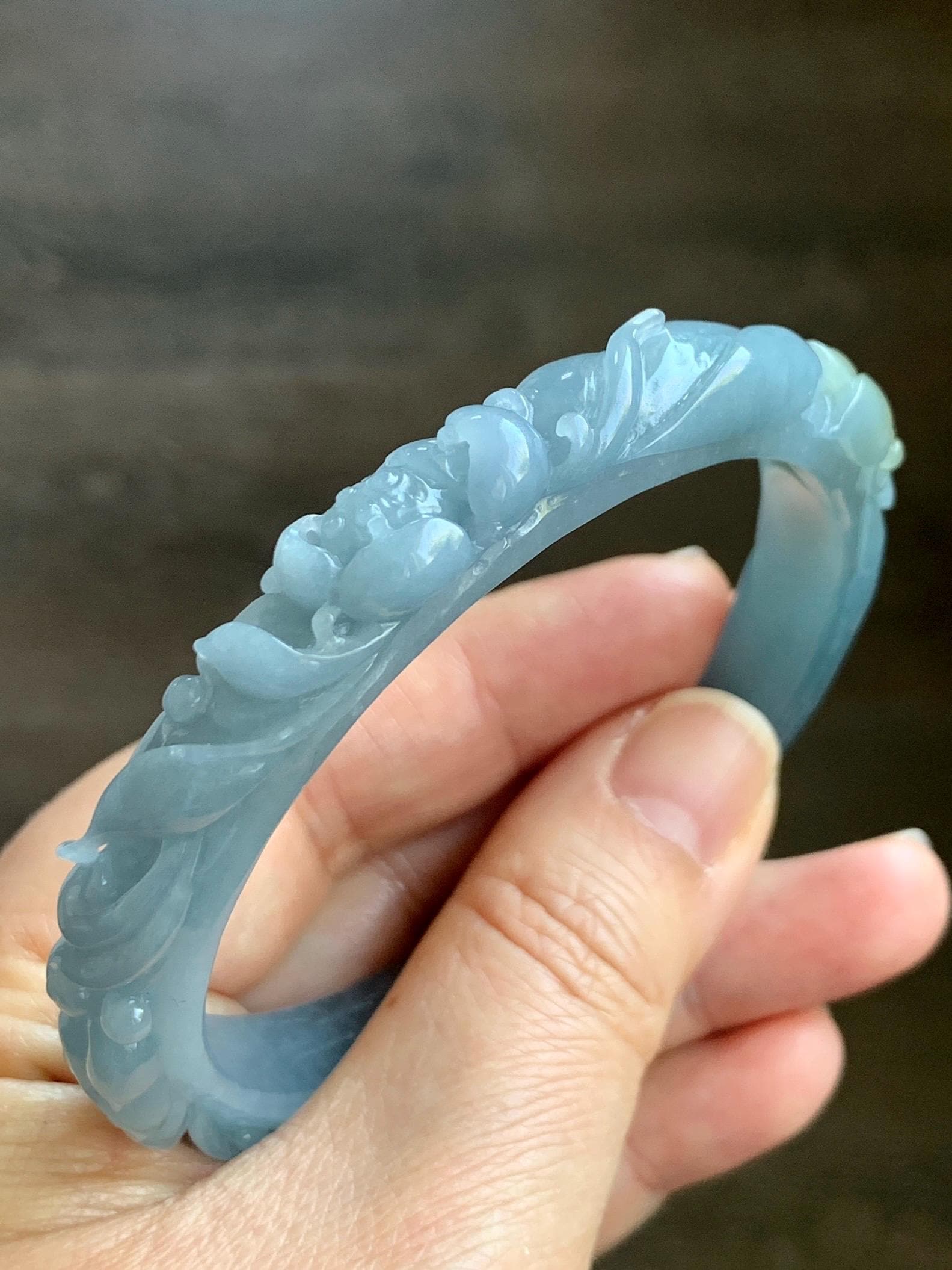 Certified Natural Guatemalan Premium Icy Dusty Blue Jadeite Carved Bangle Matching Bangle Hole Pendant 60.4 mm 天然冰胶危蓝翡翠荷花喜鹊雕刻手镯和镯心吊坠 811 813