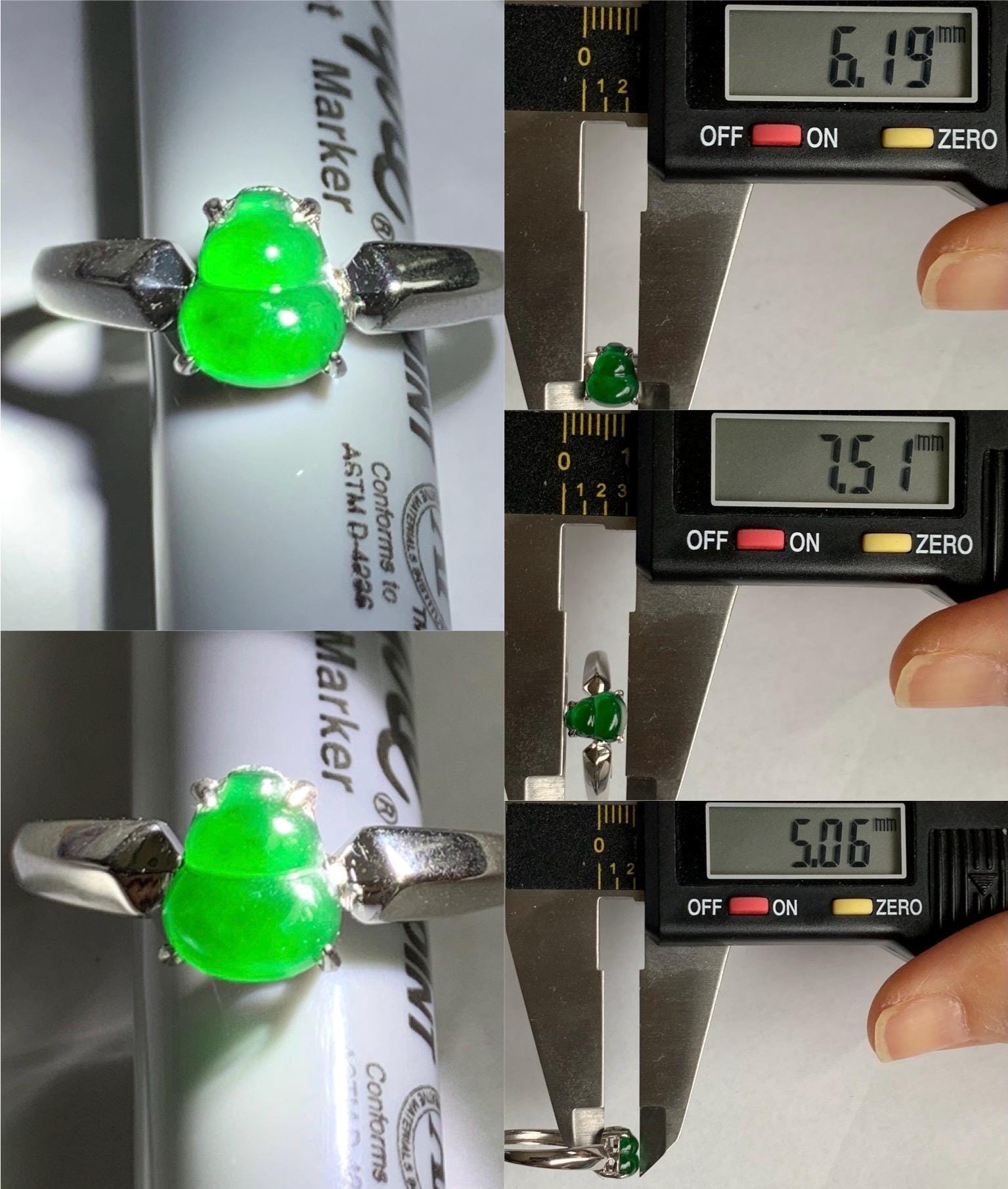 Natural Guatemalan Icy Translucent Vibrant Green Jadeite Gourd Hulu Solitaire Ring Sterling Silver Size 7 Adjustable 天然冰危绿翡翠葫芦蛋面银镶戒指 LHL60