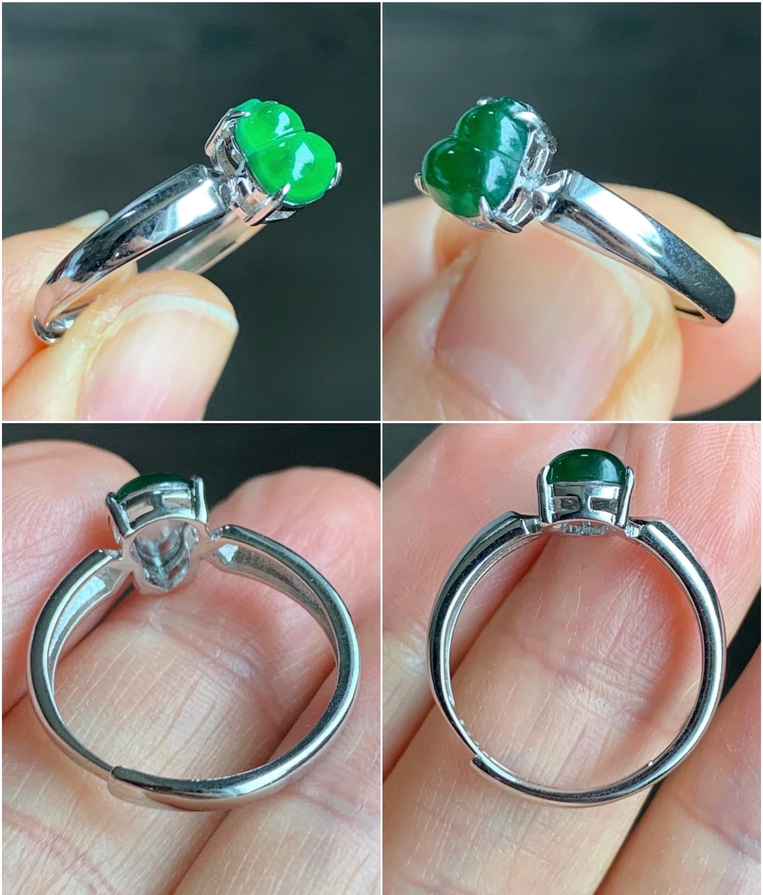Natural Guatemalan Icy Translucent Vibrant Green Jadeite Gourd Hulu Solitaire Ring Sterling Silver Size 7 Adjustable 天然冰危绿翡翠葫芦蛋面银镶戒指 LHL60