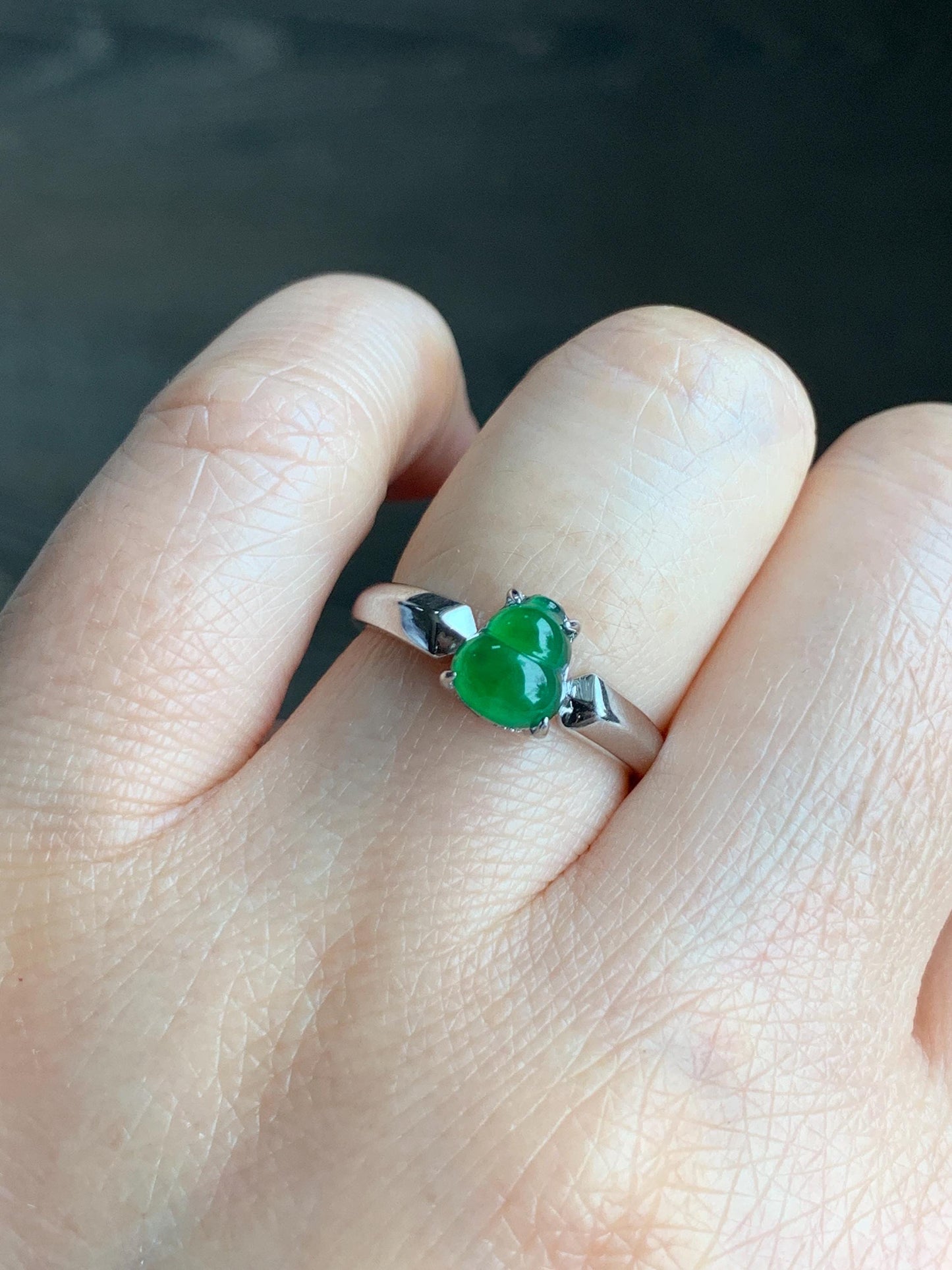 Natural Guatemalan Icy Translucent Vibrant Green Jadeite Gourd Hulu Solitaire Ring Sterling Silver Size 7 Adjustable