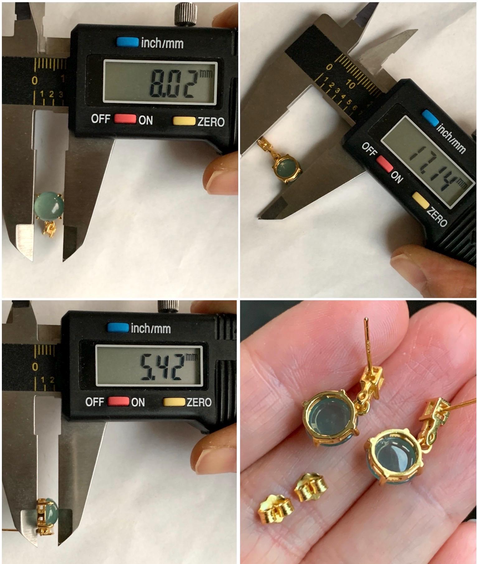 Natural Guatemalan Icy Highly Translucent Light Teal Green Jadeite Round Stud Earrings Sterling Silver Yellow Gold Finish 天然冰危淡蓝绿翡翠蛋面银镶耳钉