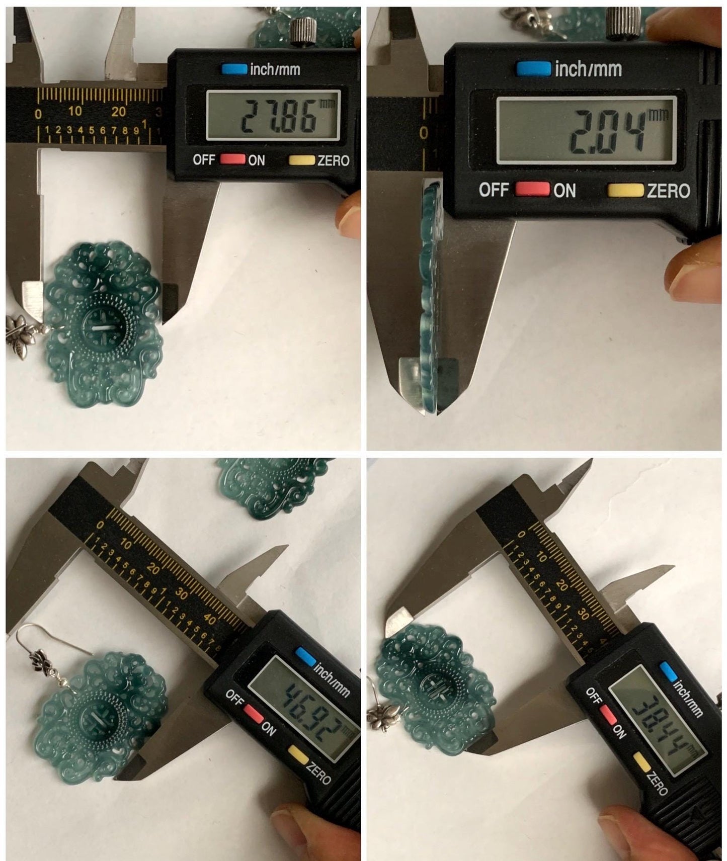 Natural Guatemalan Icy Highly Translucent Teal Blue Dark Green Marbled Jadeite Engraved Dangle Earrings Sterling Silver 天然冰危蓝起光翡翠仿古镂空雕银耳钩