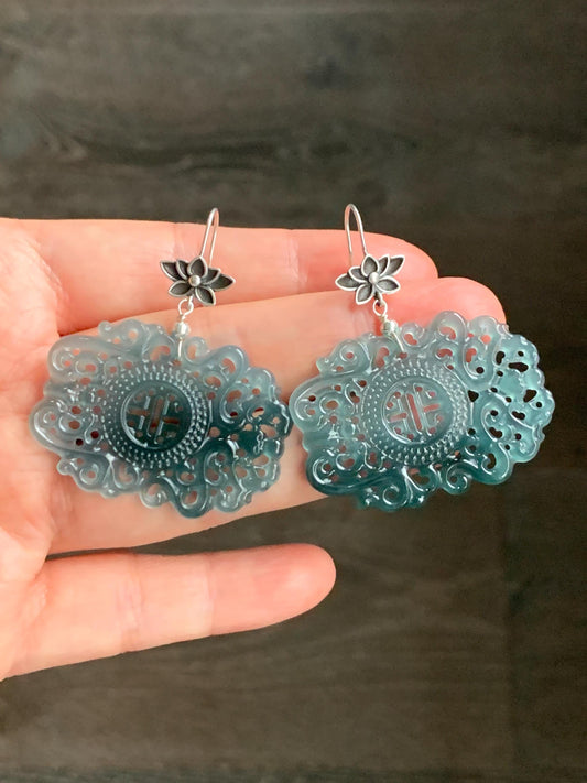 Natural Guatemalan Icy Highly Translucent Teal Blue Dark Green Marbled Jadeite Engraved Dangle Earrings Sterling Silver 天然冰危蓝起光翡翠仿古镂空雕银耳钩