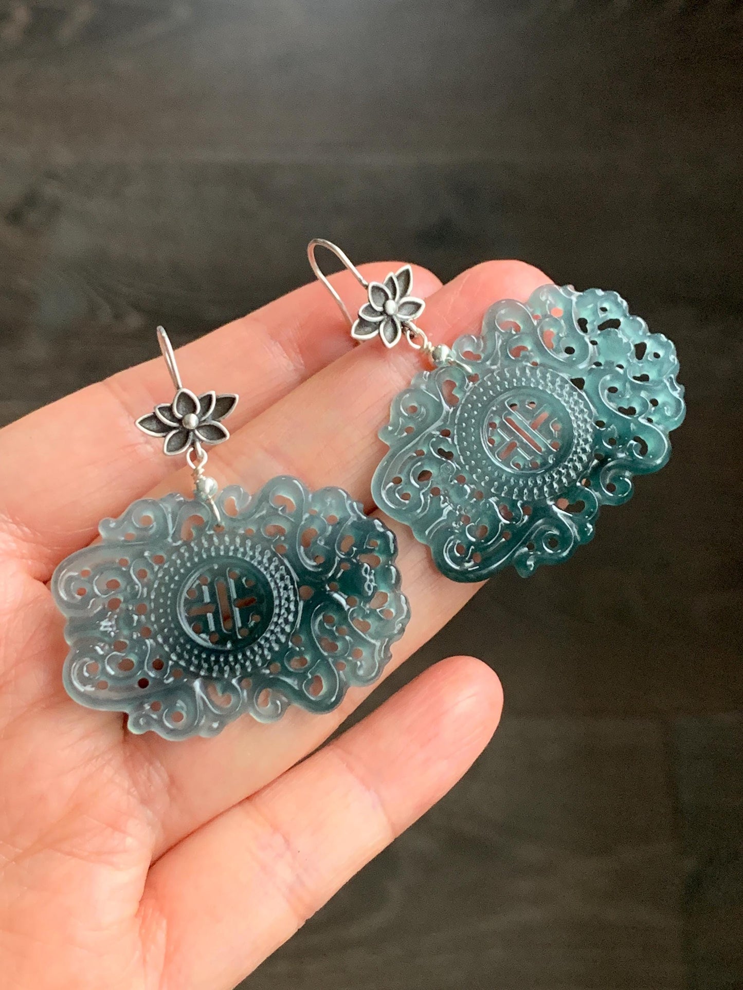 Natural Guatemalan Icy Highly Translucent Teal Blue Dark Green Marbled Jadeite Engraved Dangle Earrings Sterling Silver 天然冰危蓝起光翡翠仿古镂空雕银耳钩