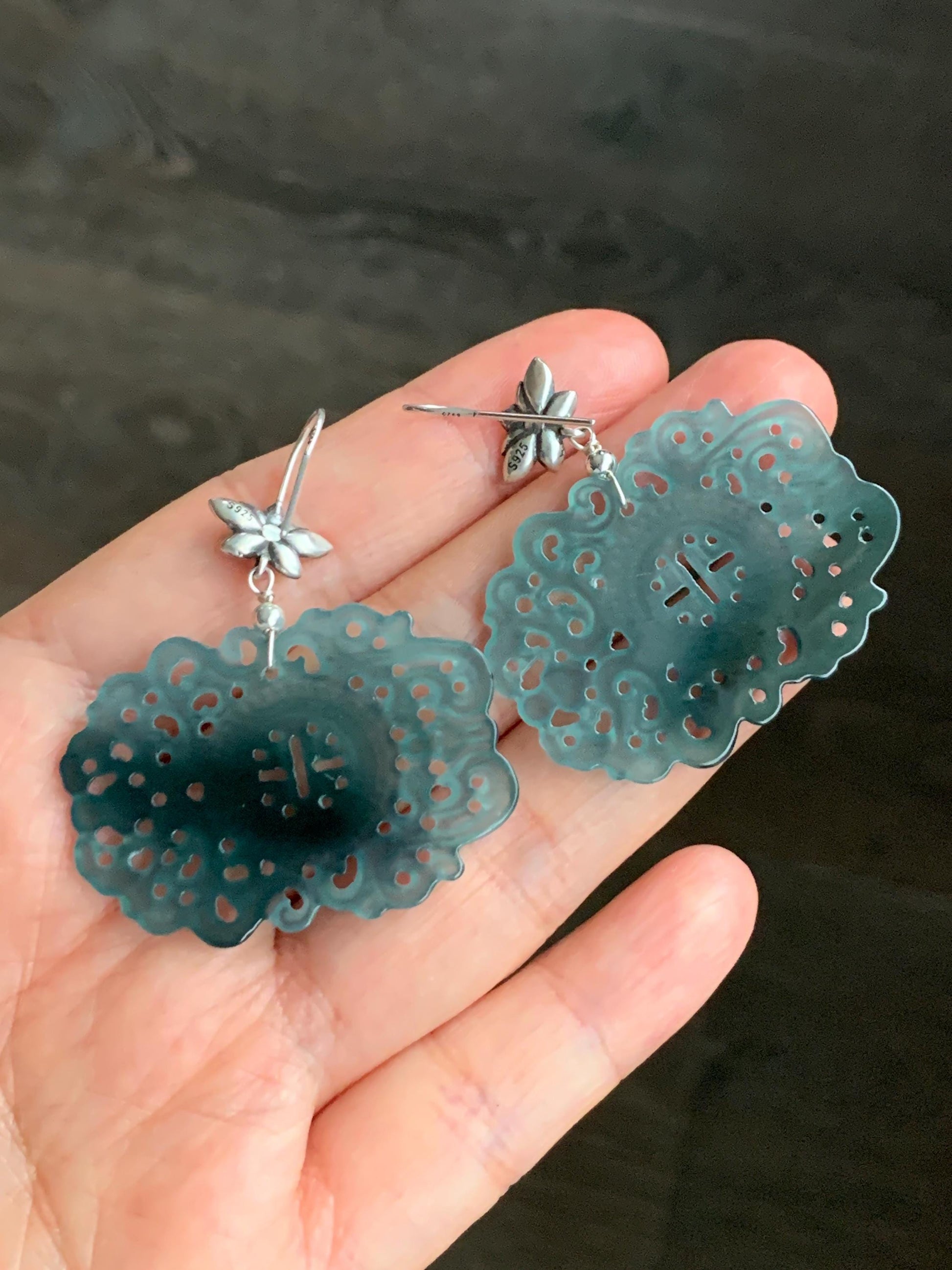 Natural Guatemalan Icy Highly Translucent Teal Blue Dark Green Marbled Jadeite Engraved Dangle Earrings Sterling Silver 天然冰危蓝起光翡翠仿古镂空雕银耳钩