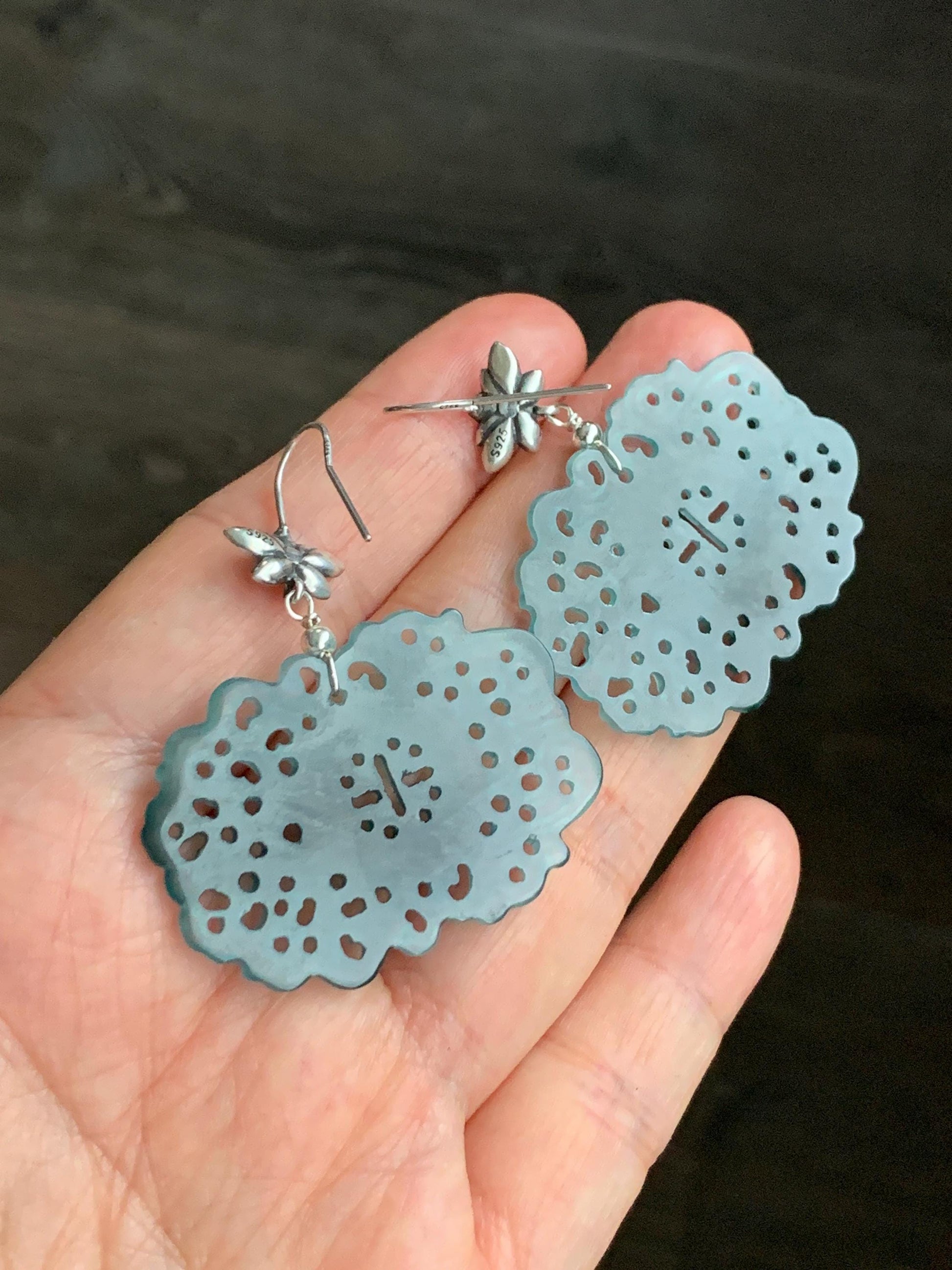 Natural Guatemalan Icy Highly Translucent Teal Blue Dark Green Marbled Jadeite Engraved Dangle Earrings Sterling Silver 天然冰危蓝起光翡翠仿古镂空雕银耳钩